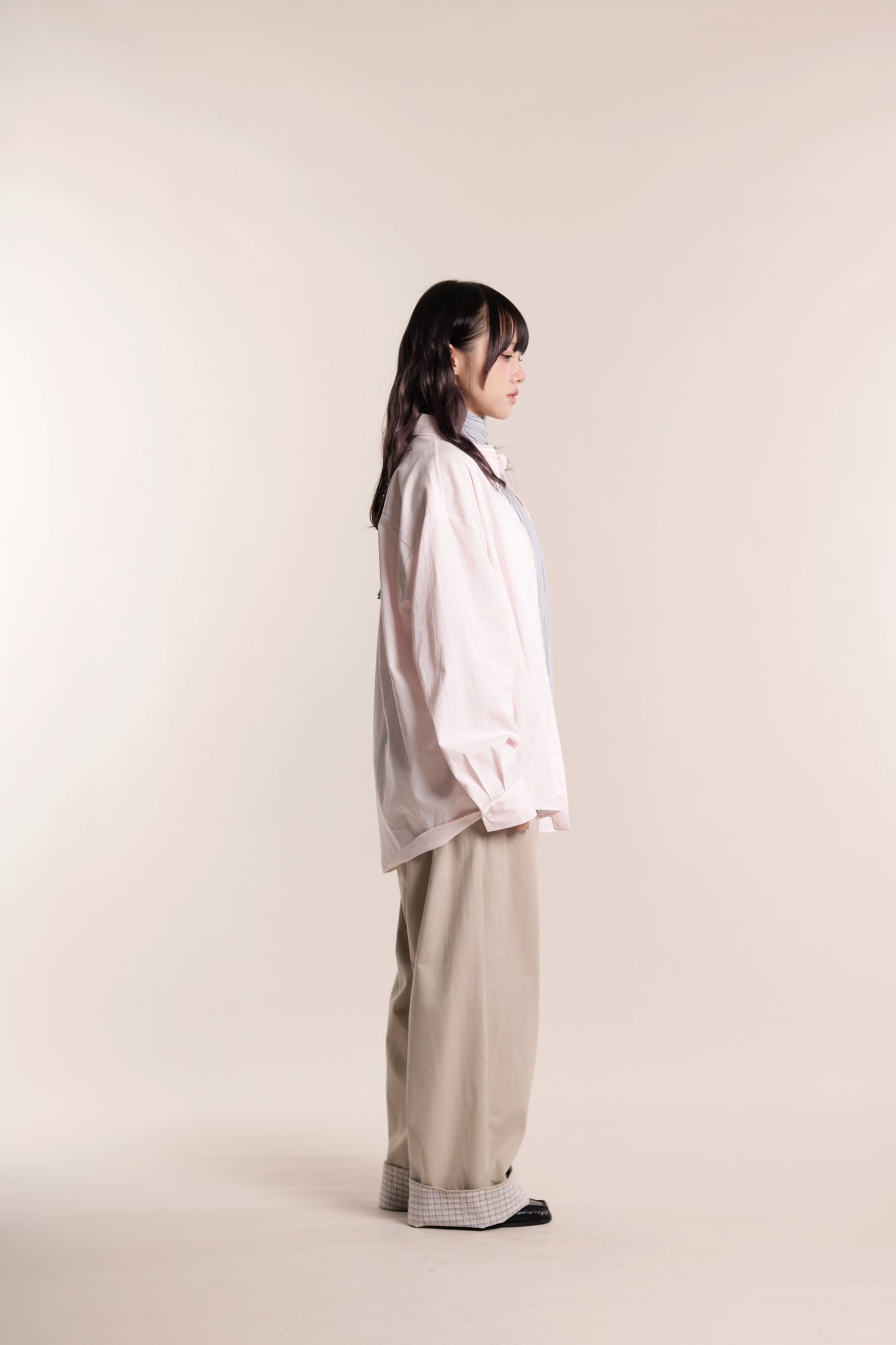 Check Detail Pleated Pants (Beige)