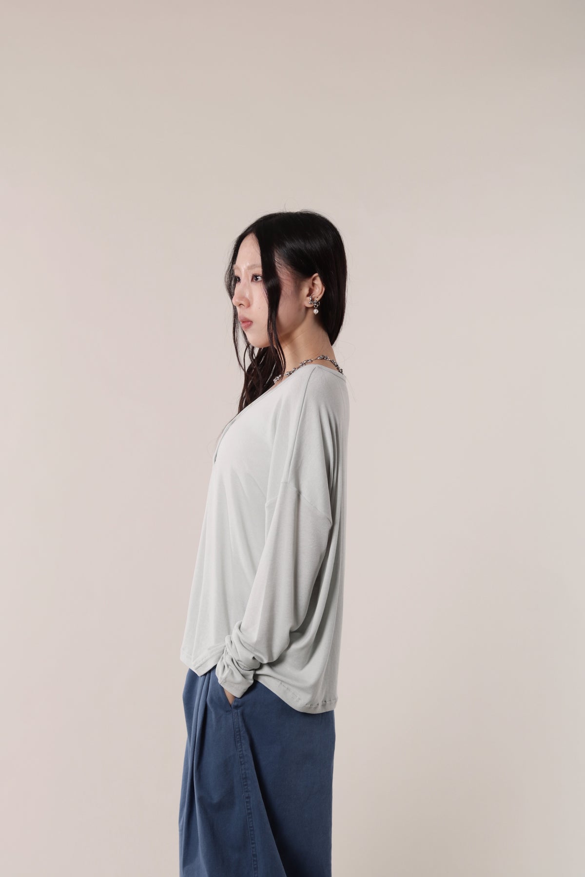 Lazy Button Long Tee (Mint Grey)