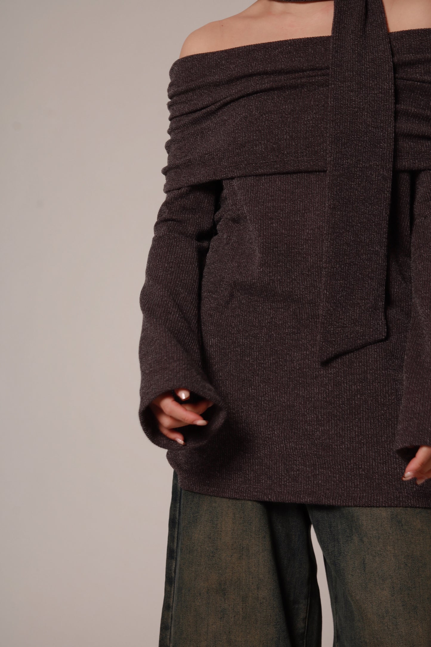 Off Shoulder Knit Top (Charcoal)