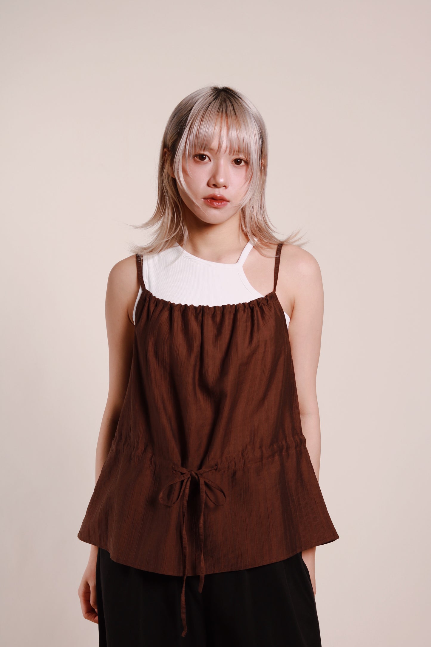 Gathered Ribbon Sleeveless Top (Brown)
