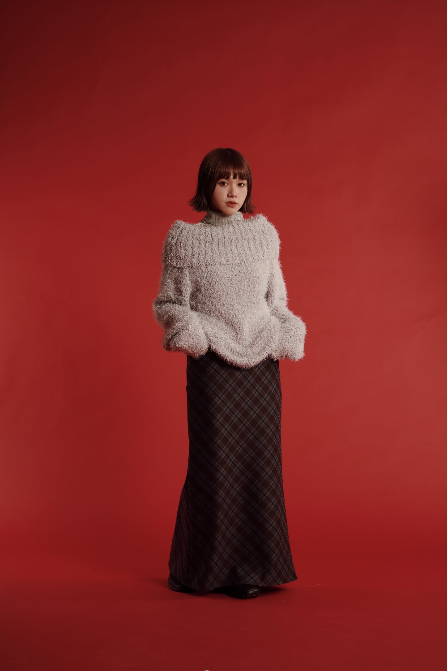 Checkered Slit Skirt (Brown)