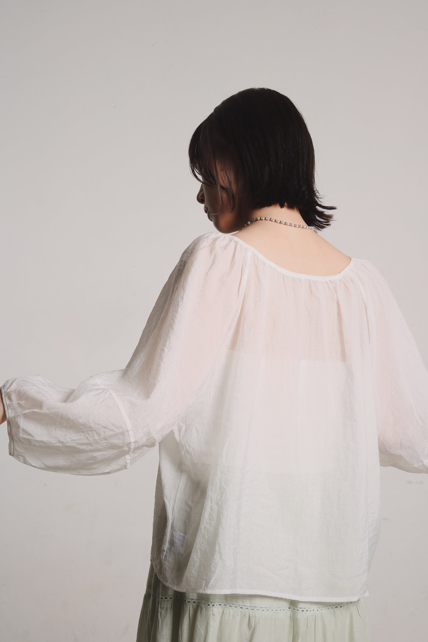 See Through Puff Sleeve Blouse (White)
