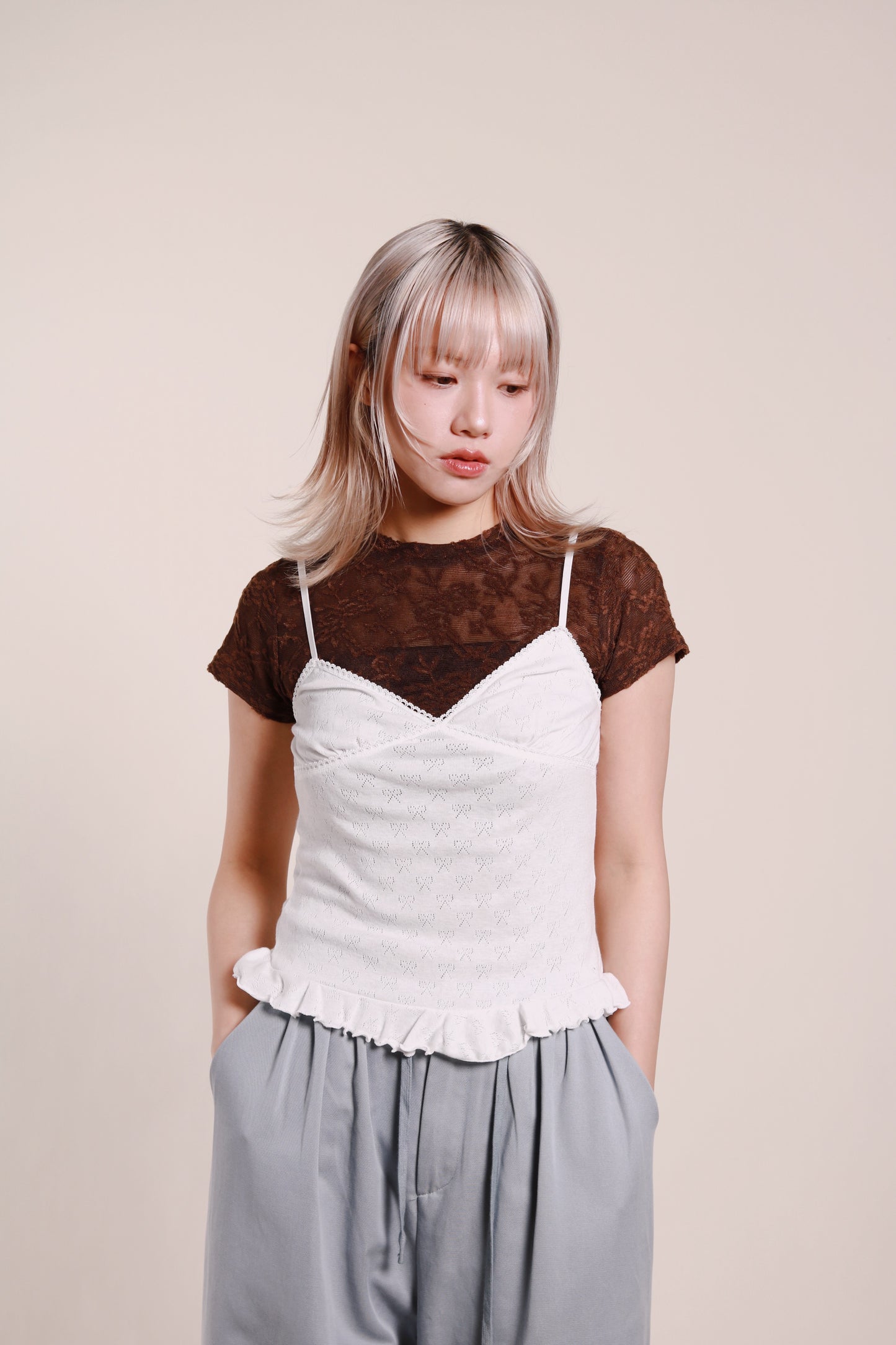 Ruffle Ribbon Sleeveless Top (White)