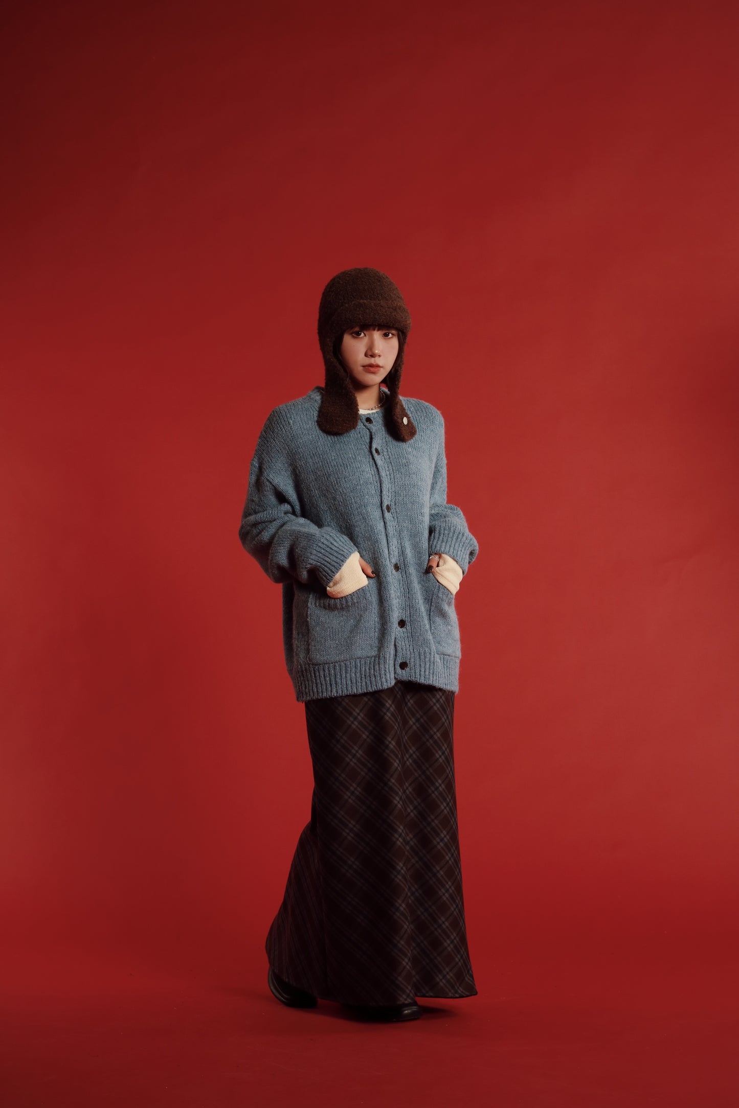 Checkered Slit Skirt (Brown)