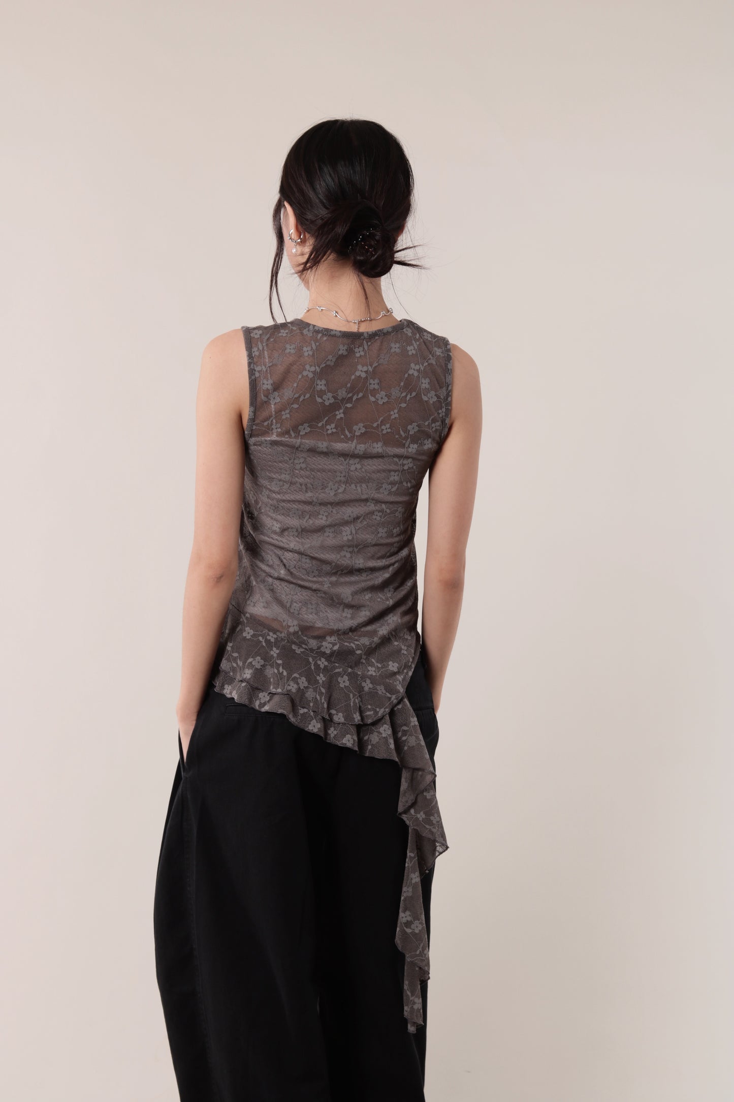Mesh Flower Sleeveless Top (Charcoal)