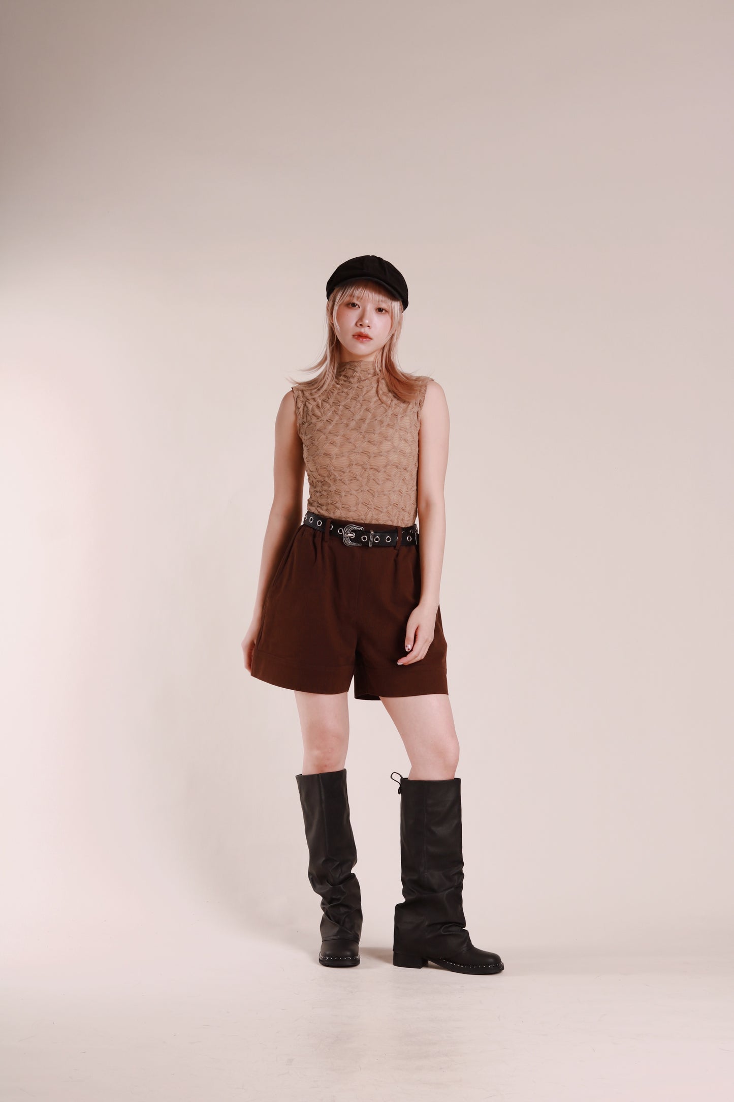 Autumn Gathered Sleeveless Top (Beige)