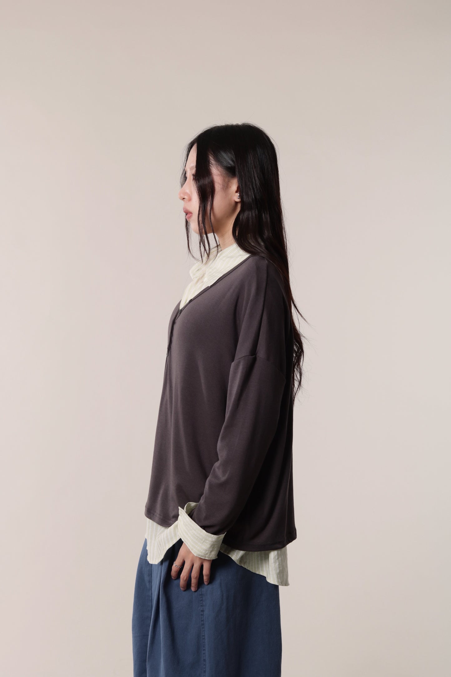 Lazy Button Long Tee (Charcoal)