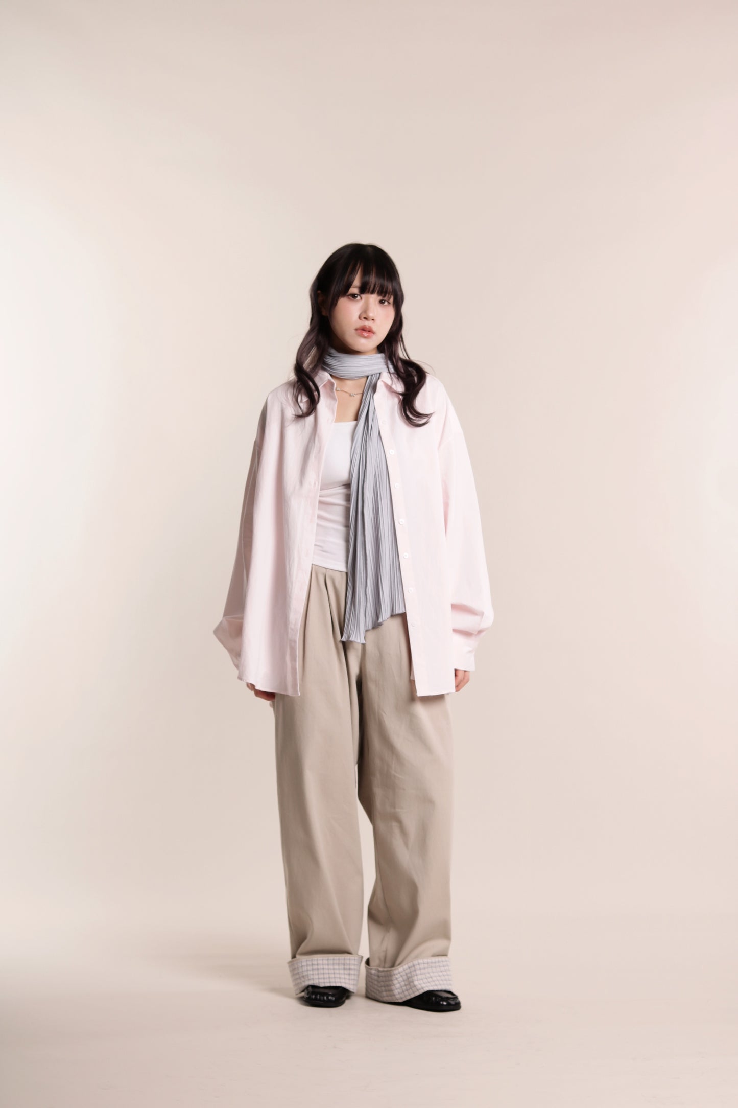 Check Detail Pleated Pants (Beige)