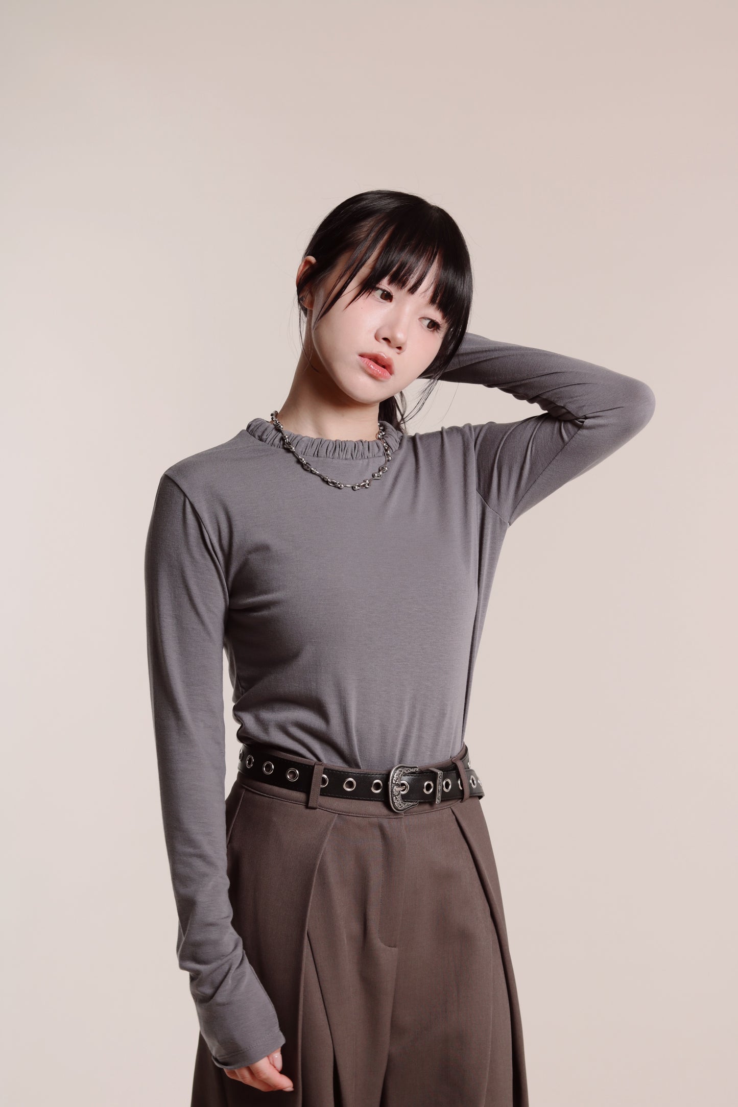 Soft Gathered Neck Top (Charcoal)