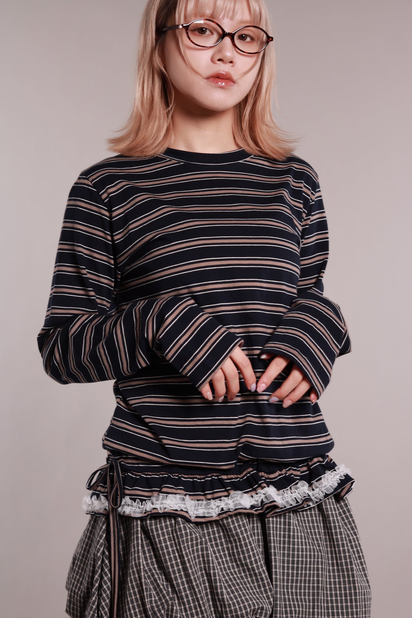 Frilled Lace Stripe Top (Navy)