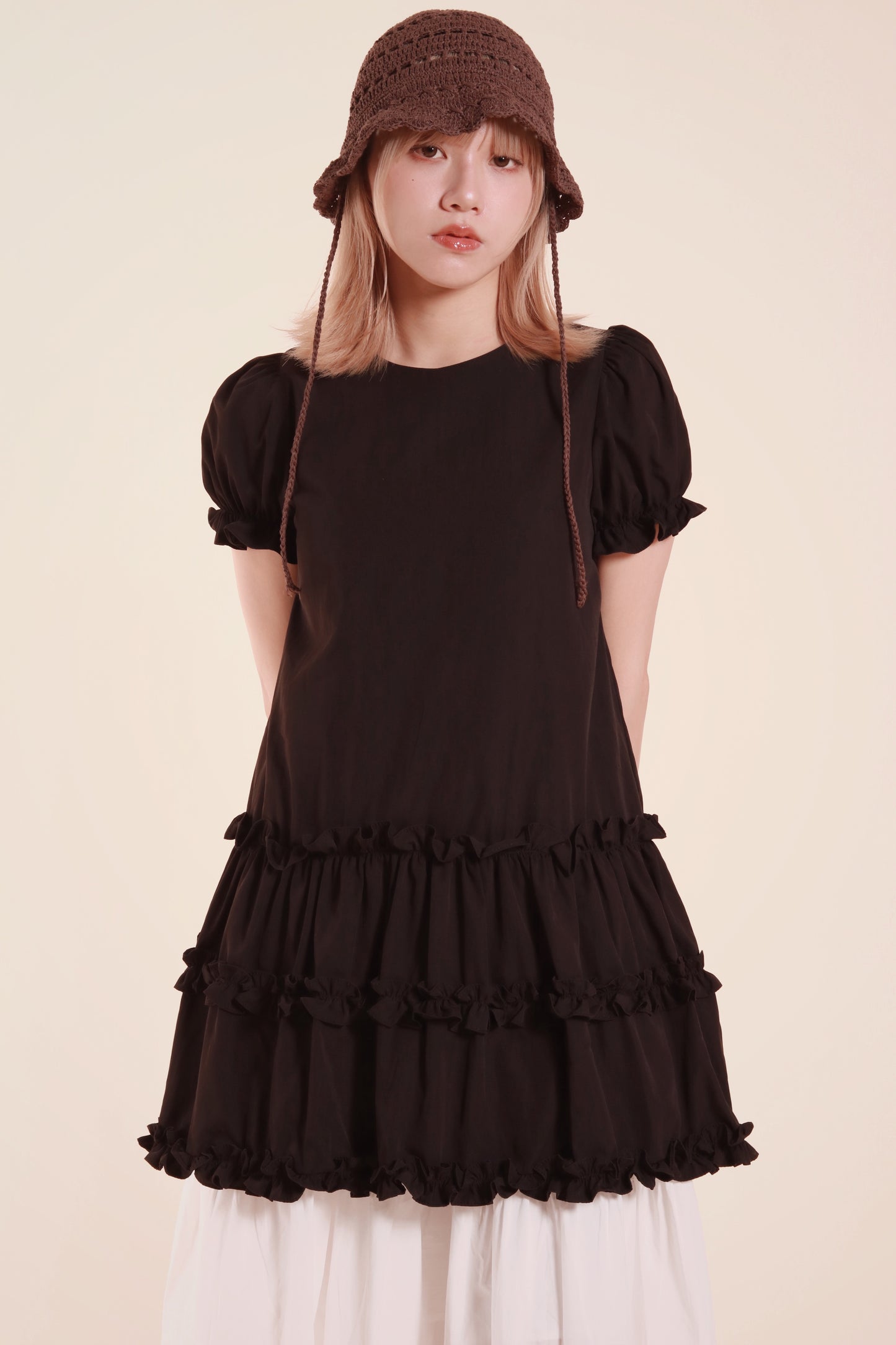 Doll Puff Sleeve Mini Dress (Black)