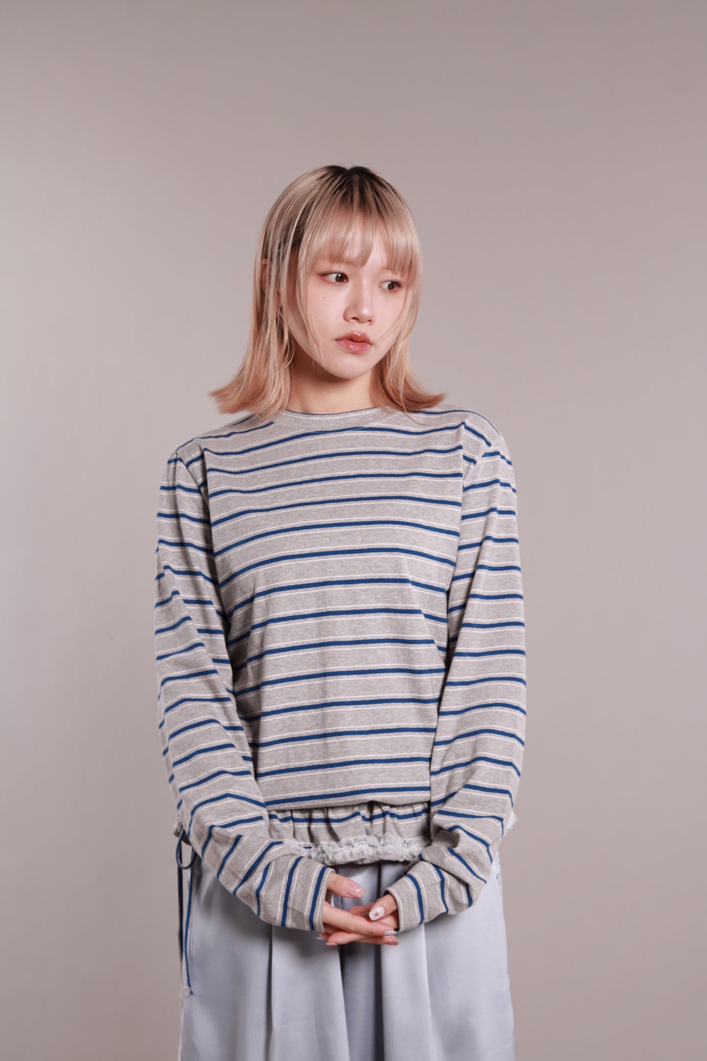 Frilled Lace Stripe Top (Grey)