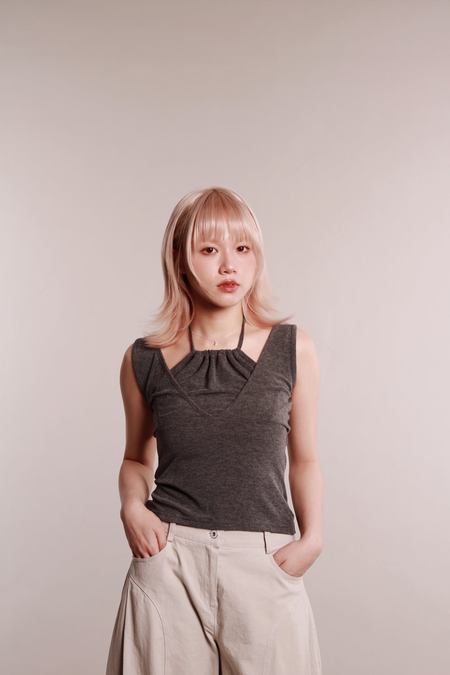 Layered Halter Tank Top (Grey)