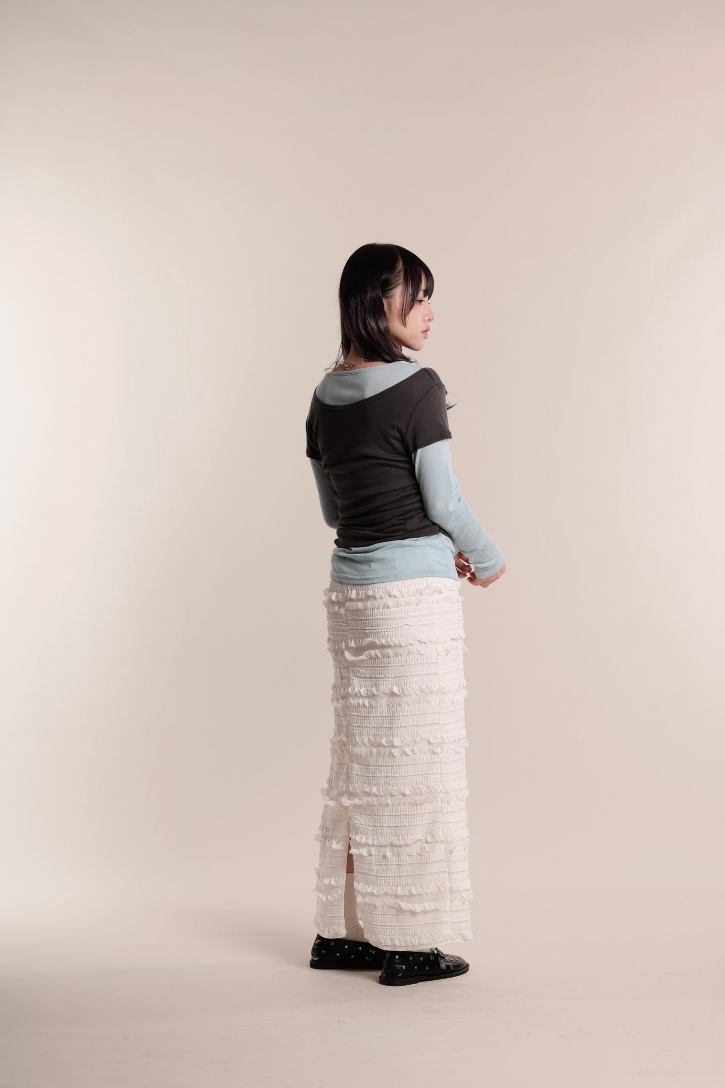 Textured Ruffle Maxi Skirt (Ivory)