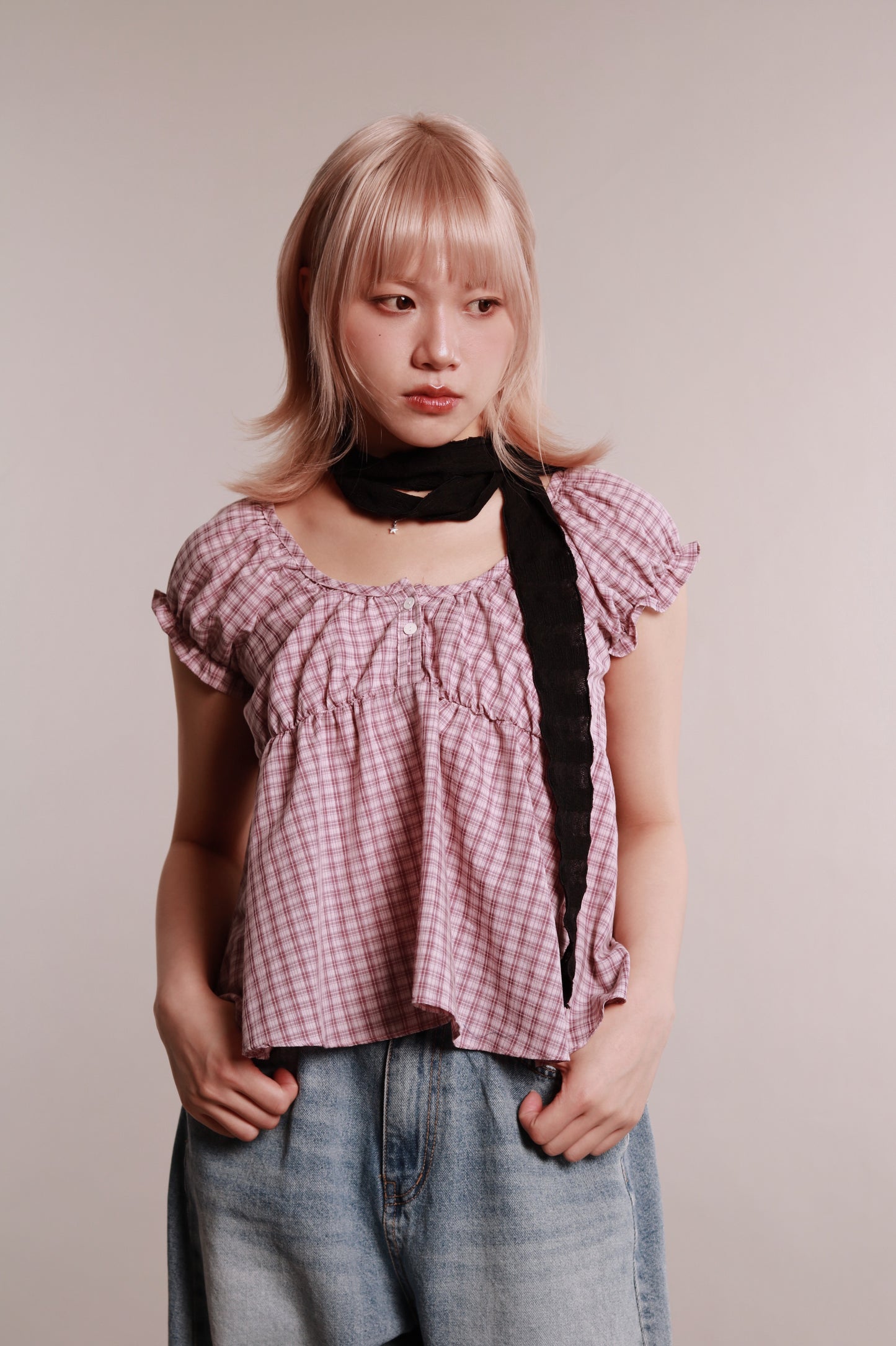Plaid Button Blouse (Pink)