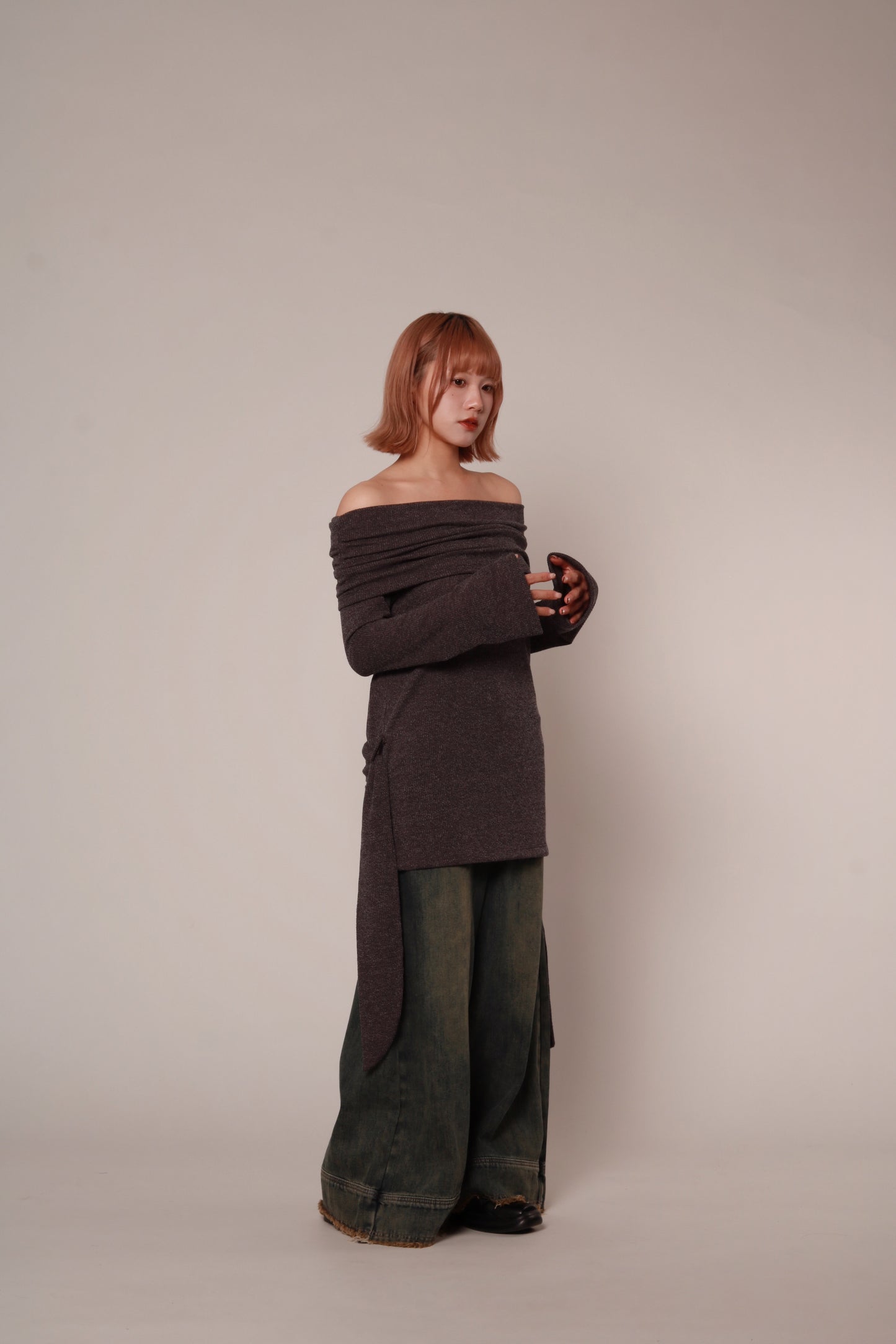 Off Shoulder Knit Top (Charcoal)