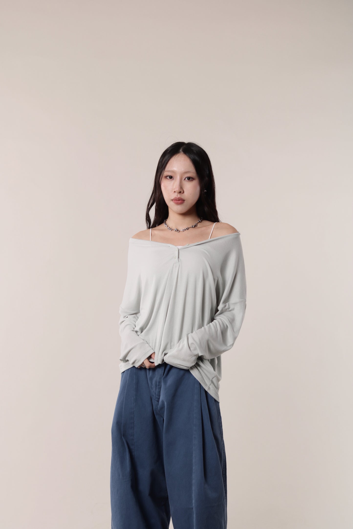 Lazy Button Long Tee (Mint Grey)