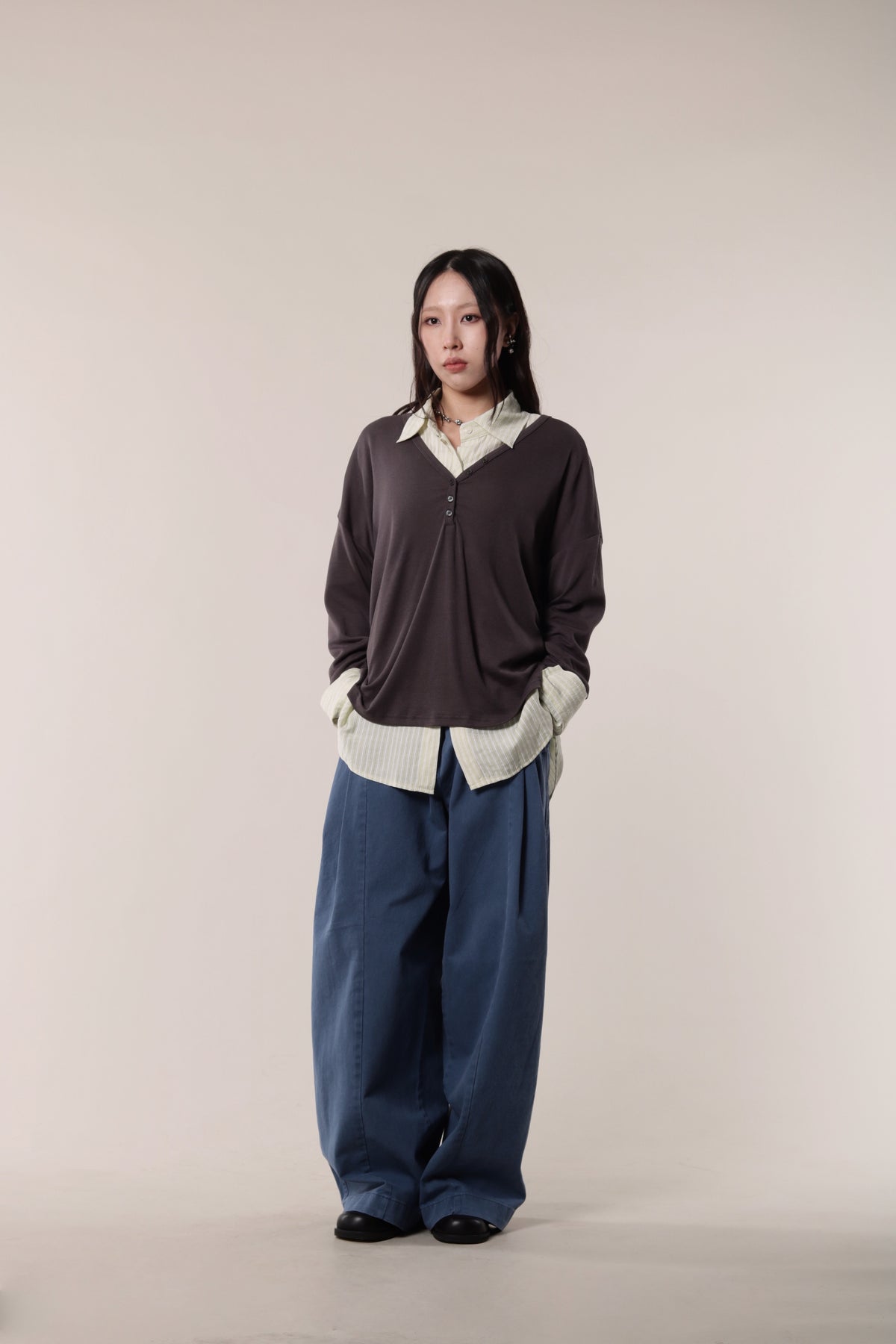 Lazy Button Long Tee (Charcoal)