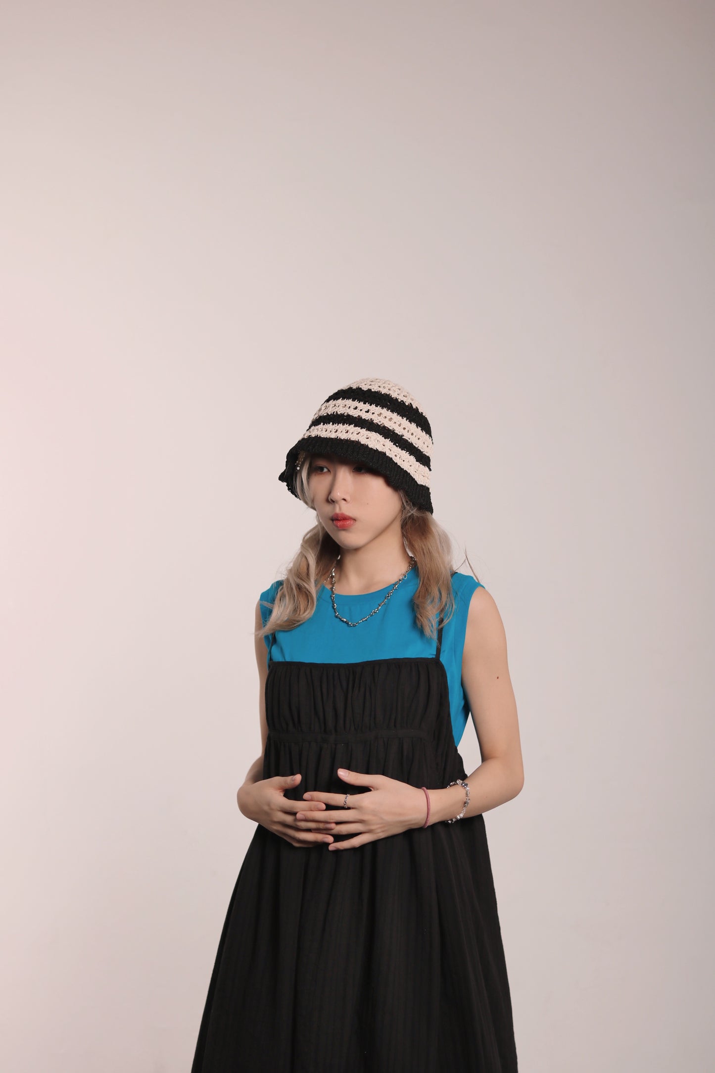 Striped Knit Hat (Beige/Black/Purple)