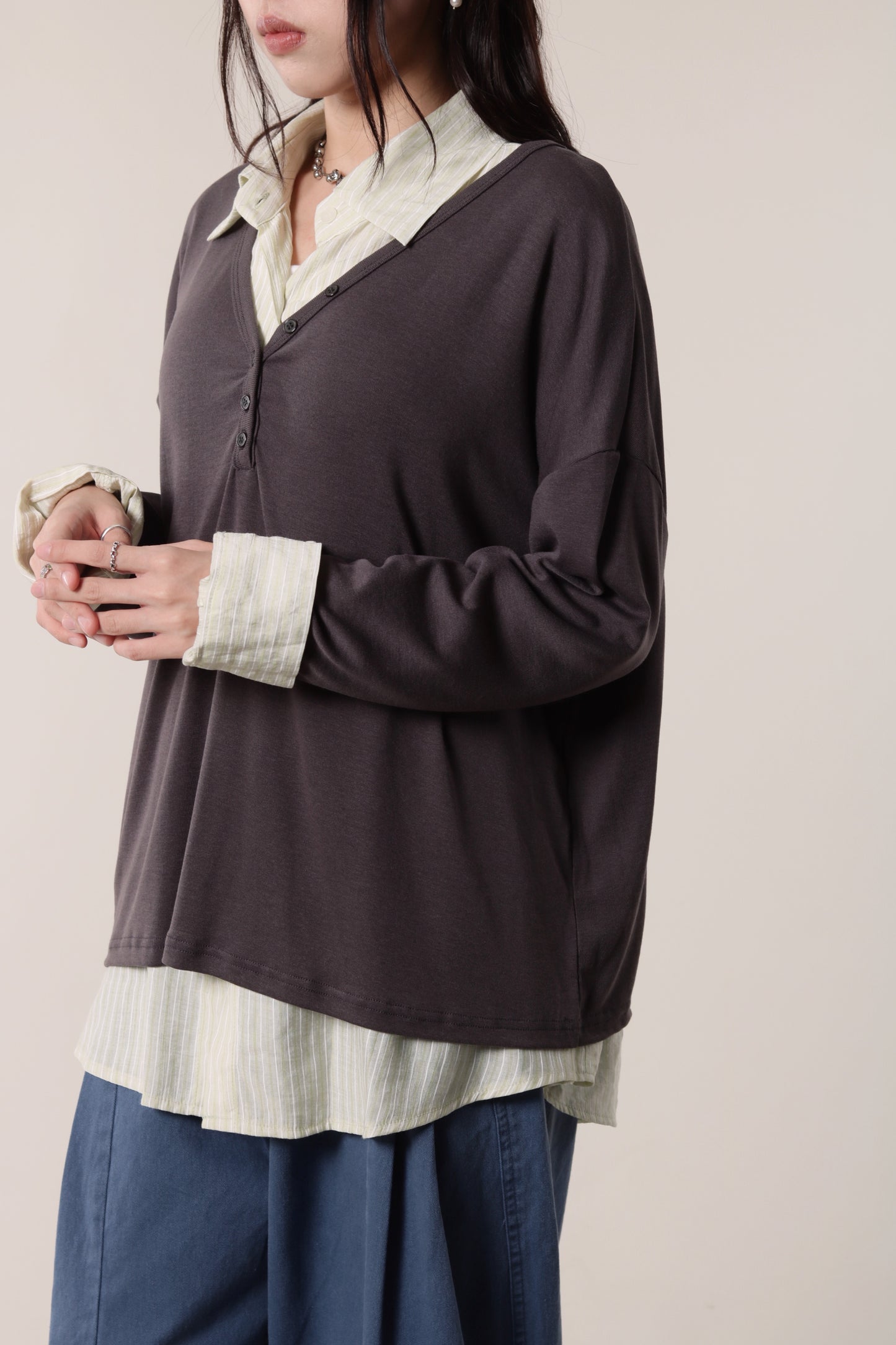 Lazy Button Long Tee (Charcoal)