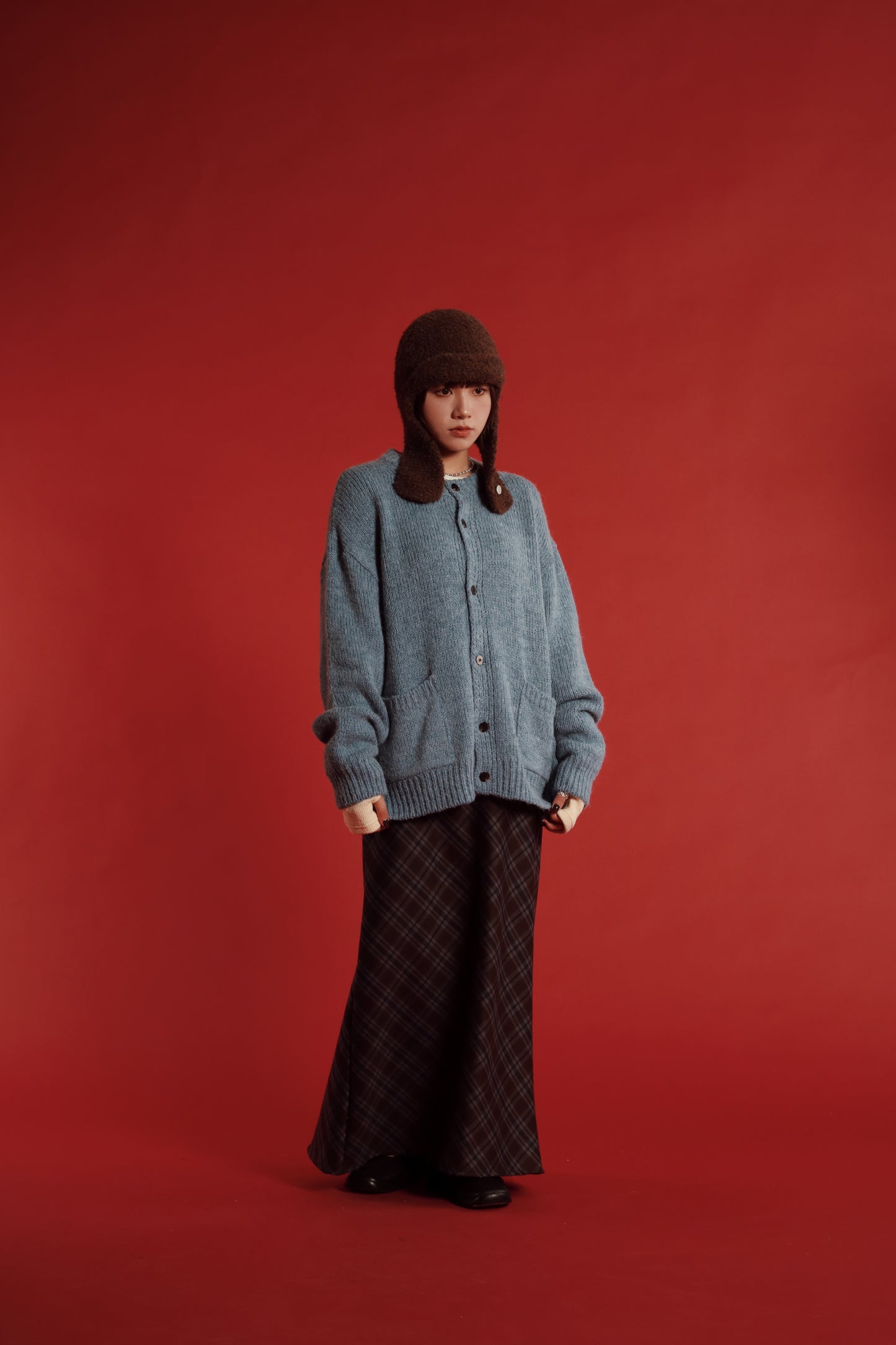 Checkered Slit Skirt (Brown)