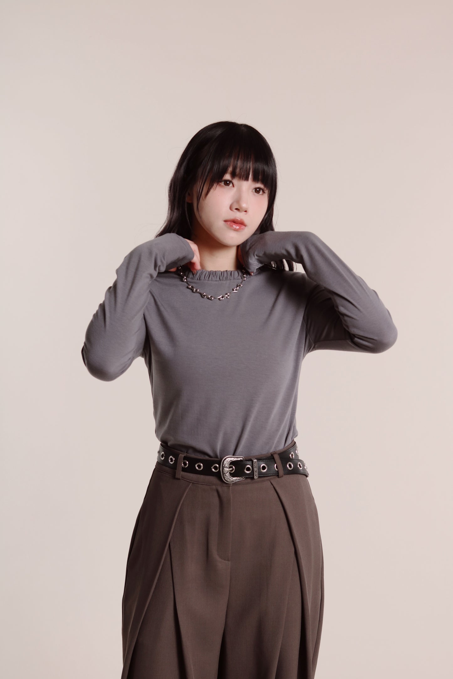 Soft Gathered Neck Top (Charcoal)