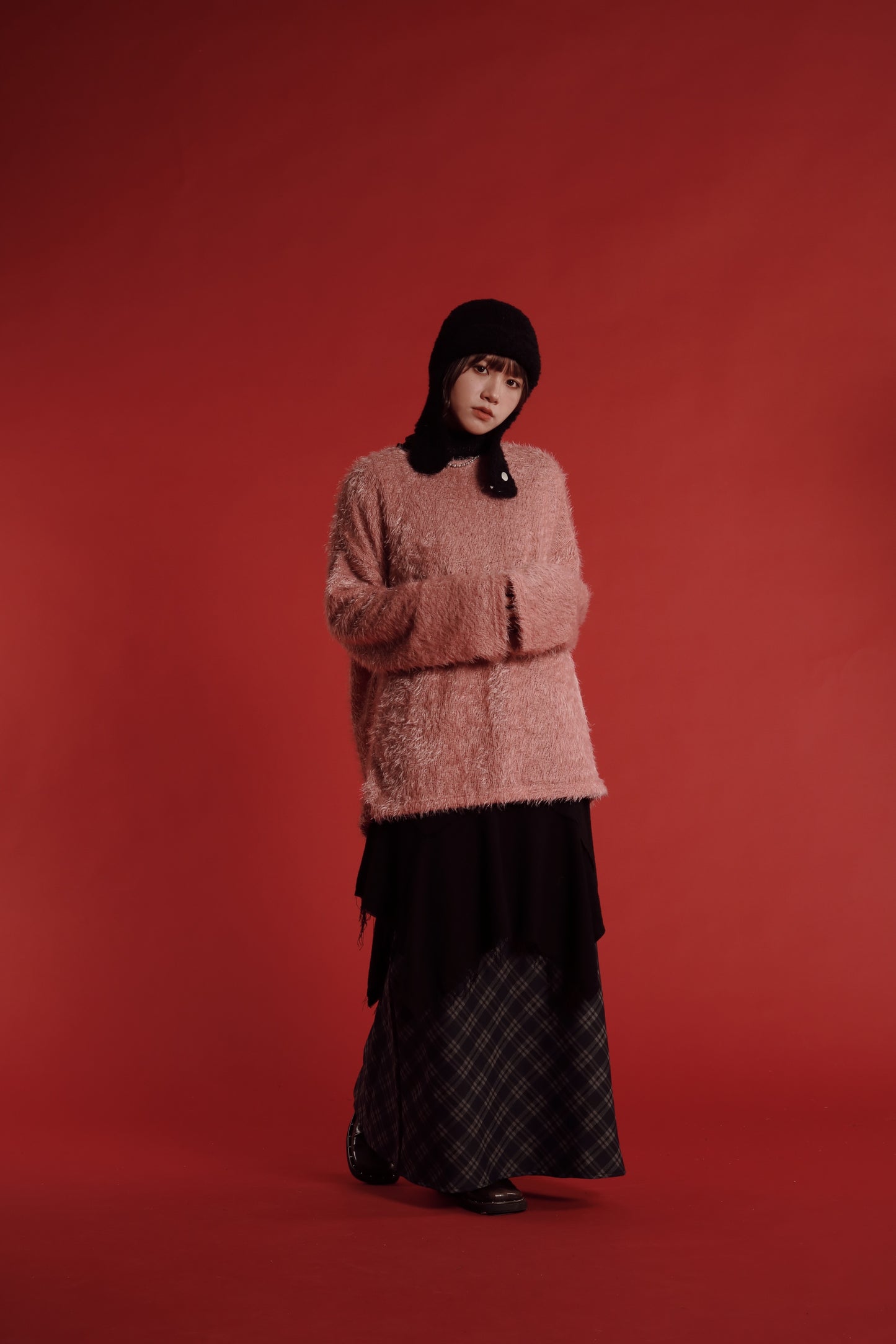 Checkered Slit Skirt (Navy)