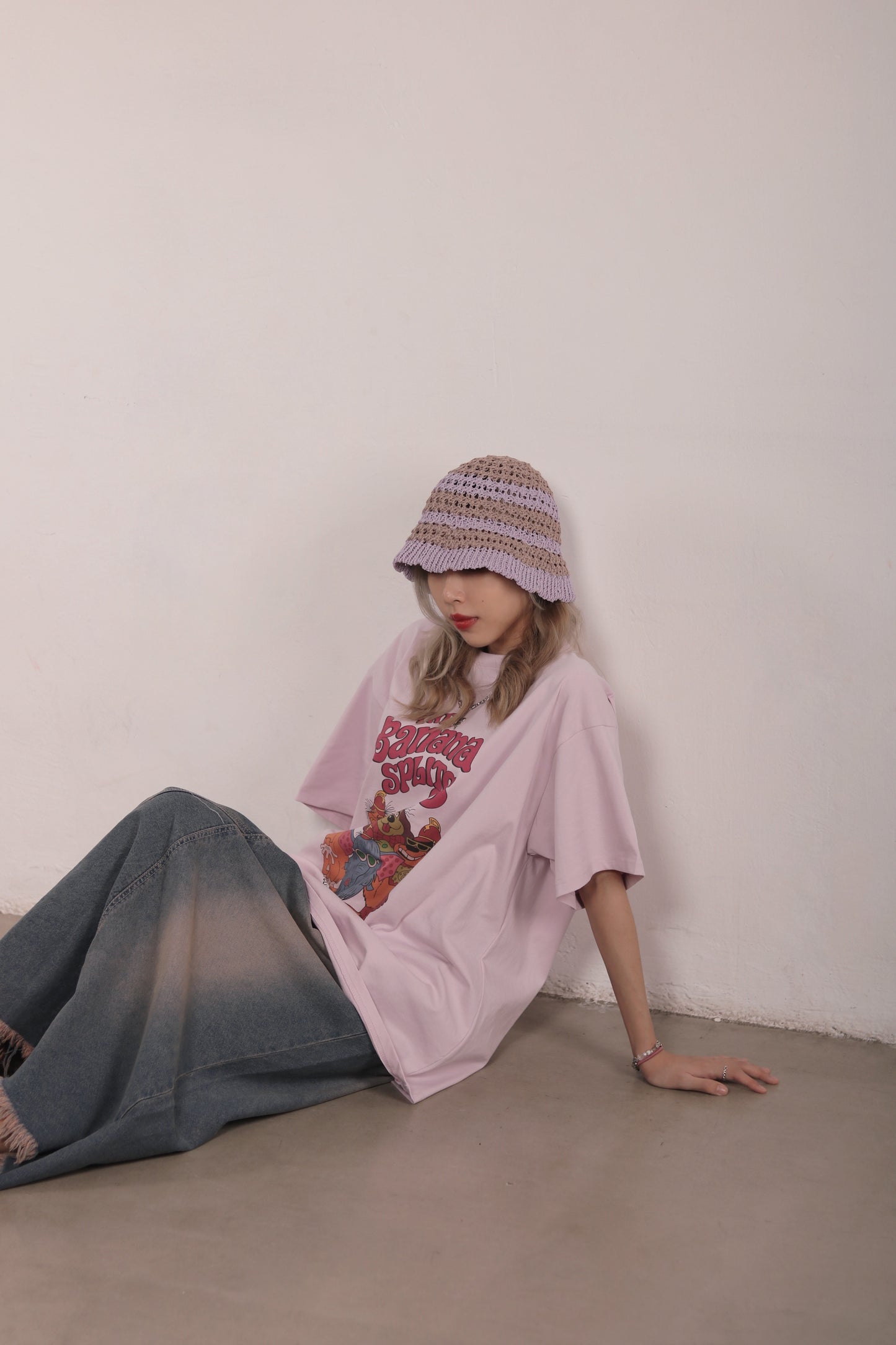 Striped Knit Hat (Beige/Black/Purple)