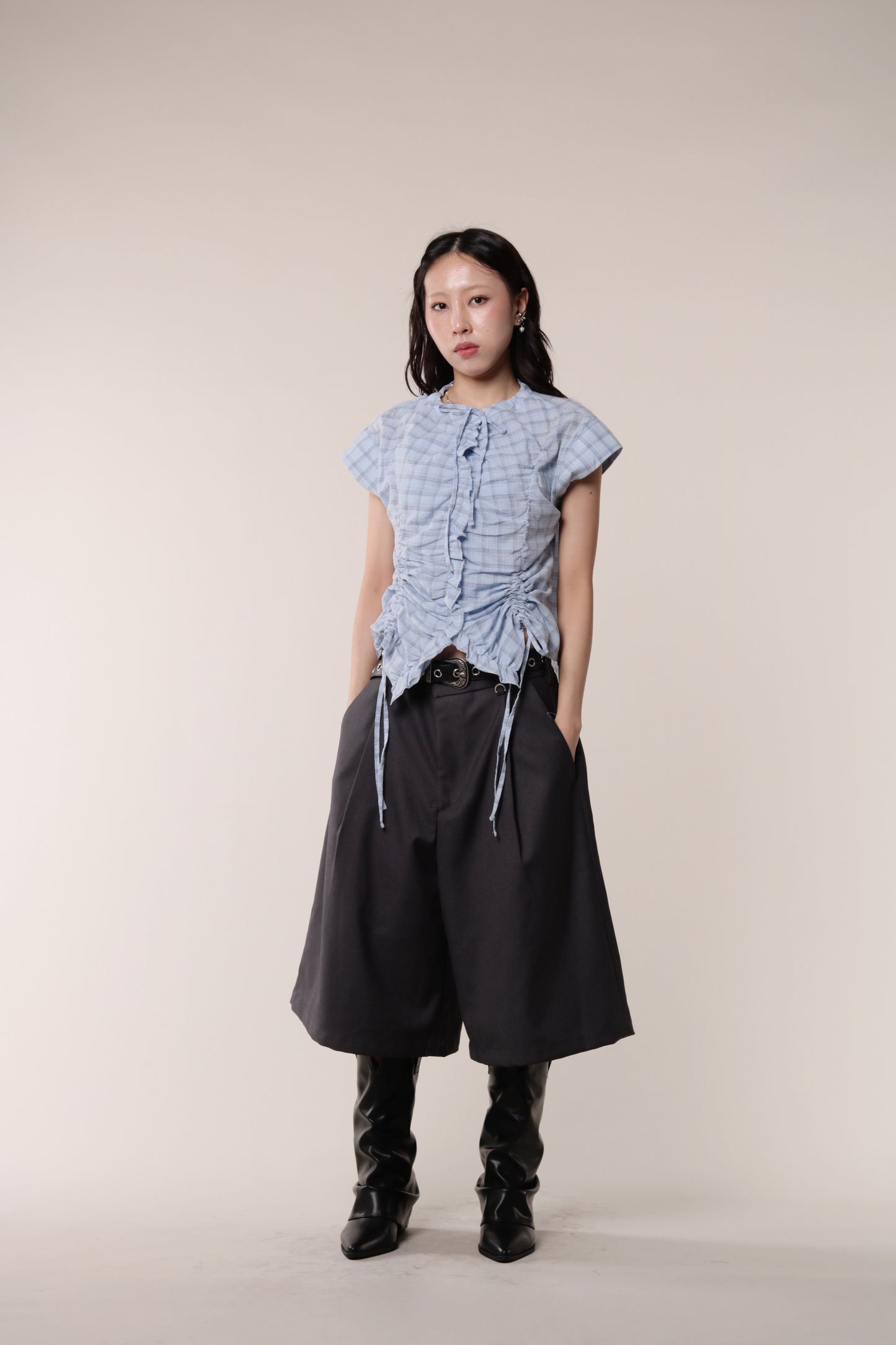 Gathered Check Shirt (Blue)