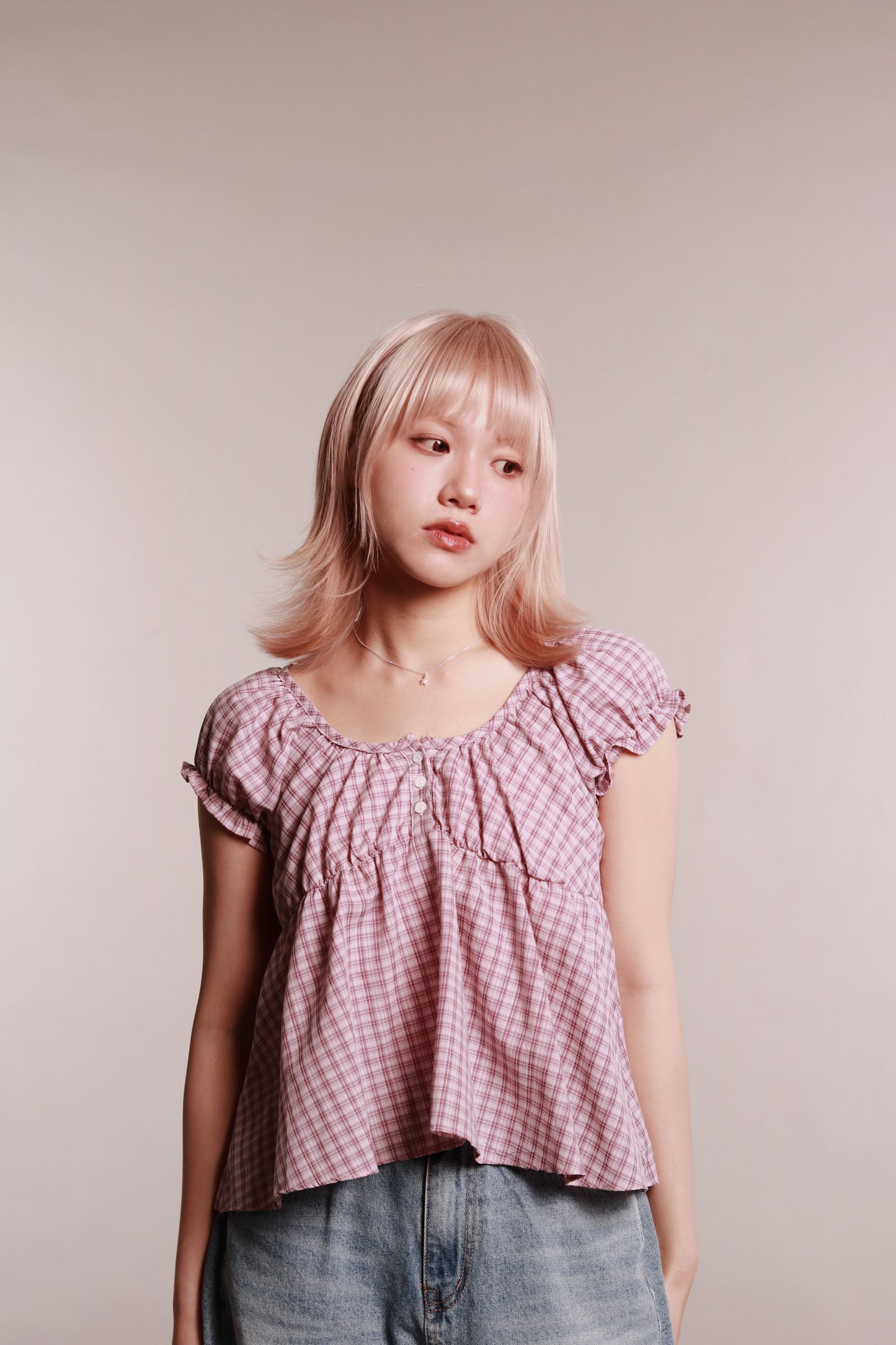 Plaid Button Blouse (Pink)