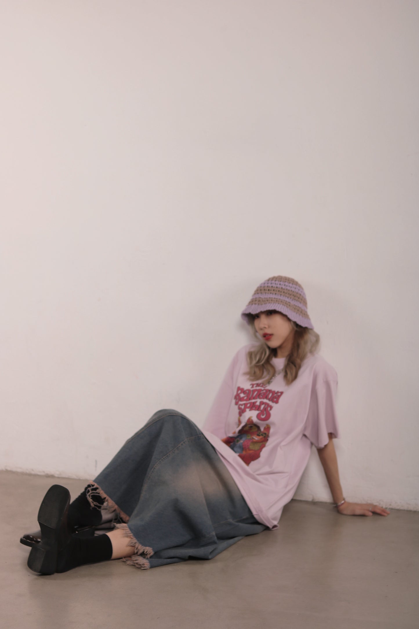 Striped Knit Hat (Beige/Black/Purple)