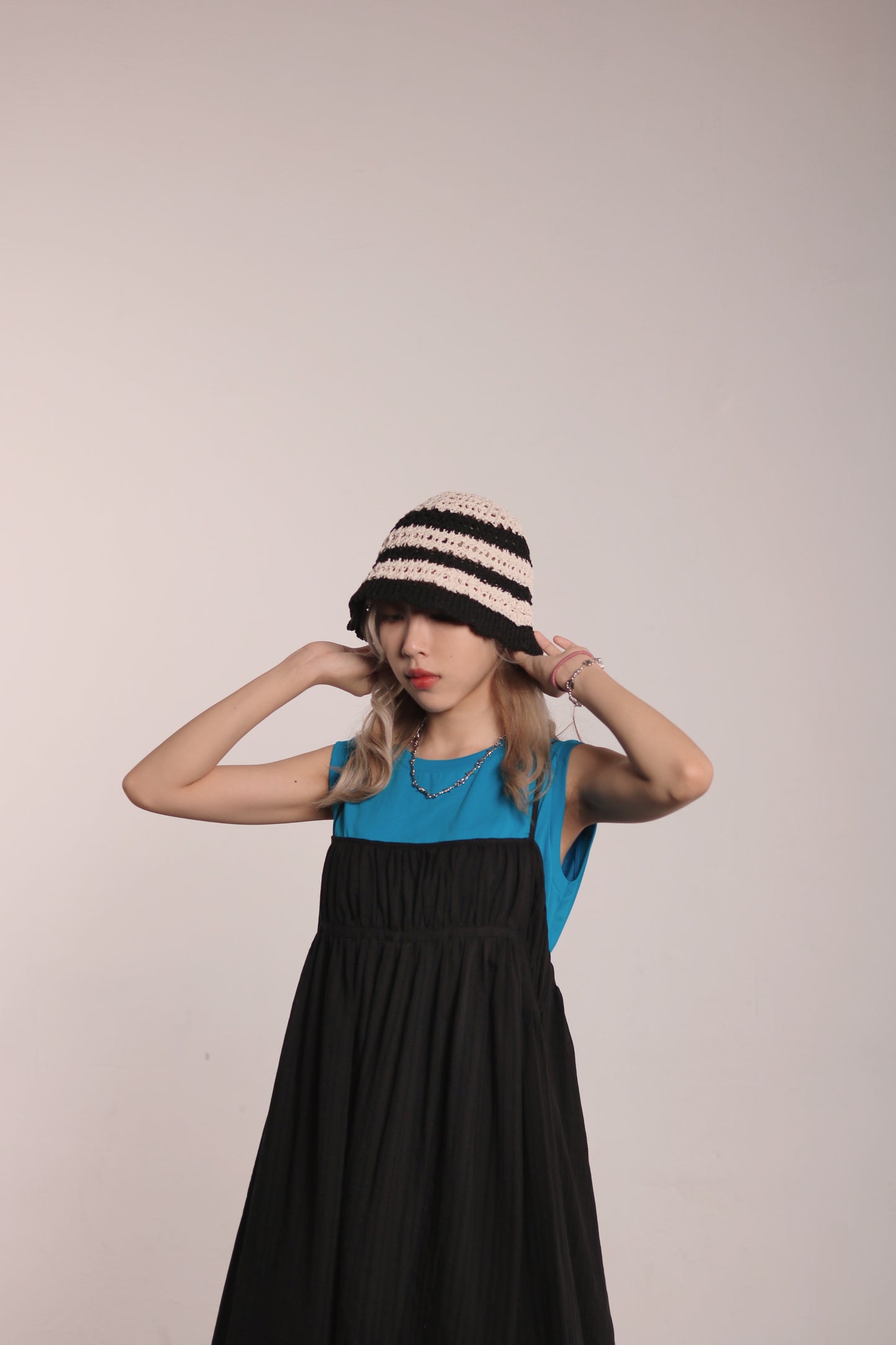 Striped Knit Hat (Beige/Black/Purple)