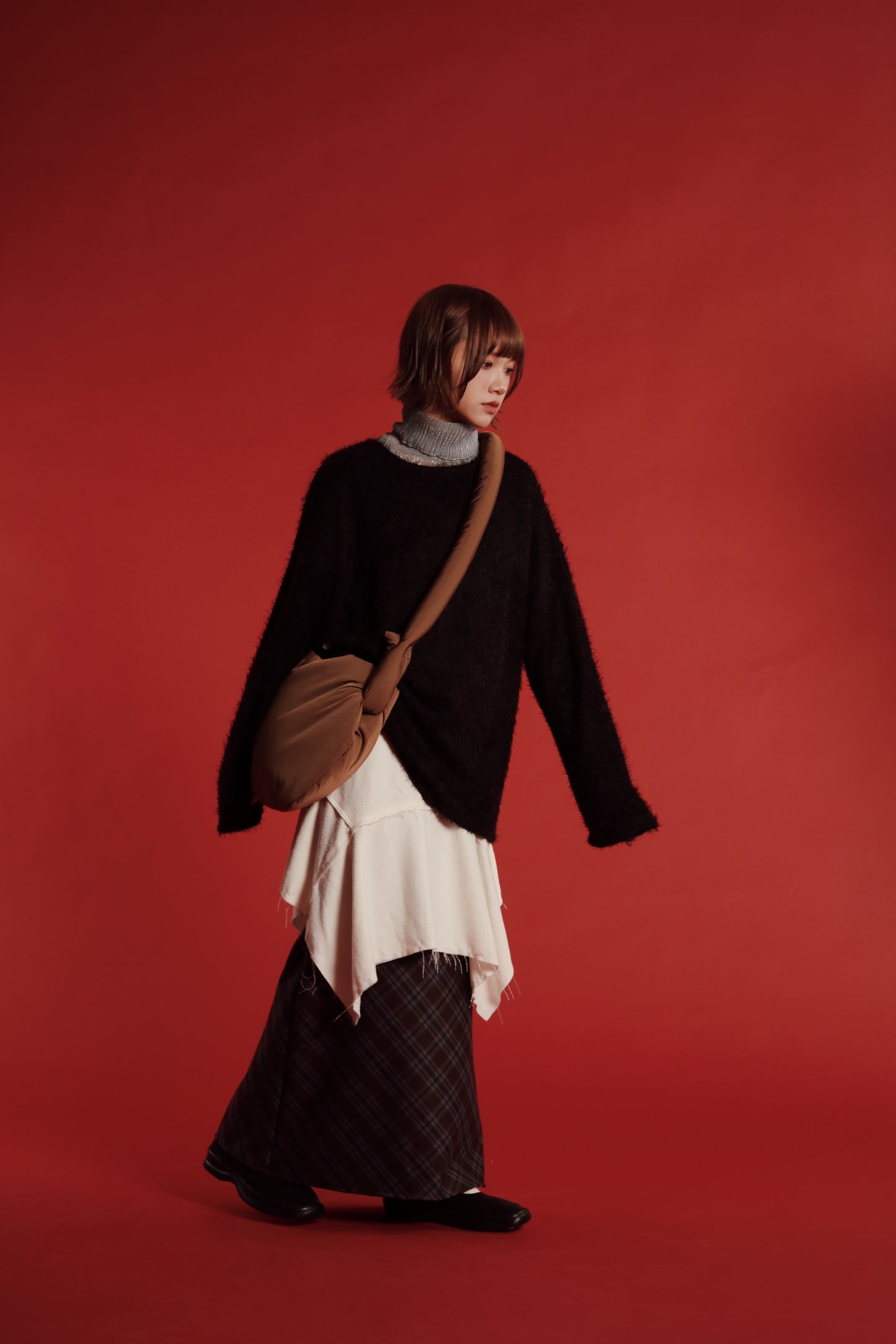 Checkered Slit Skirt (Brown)