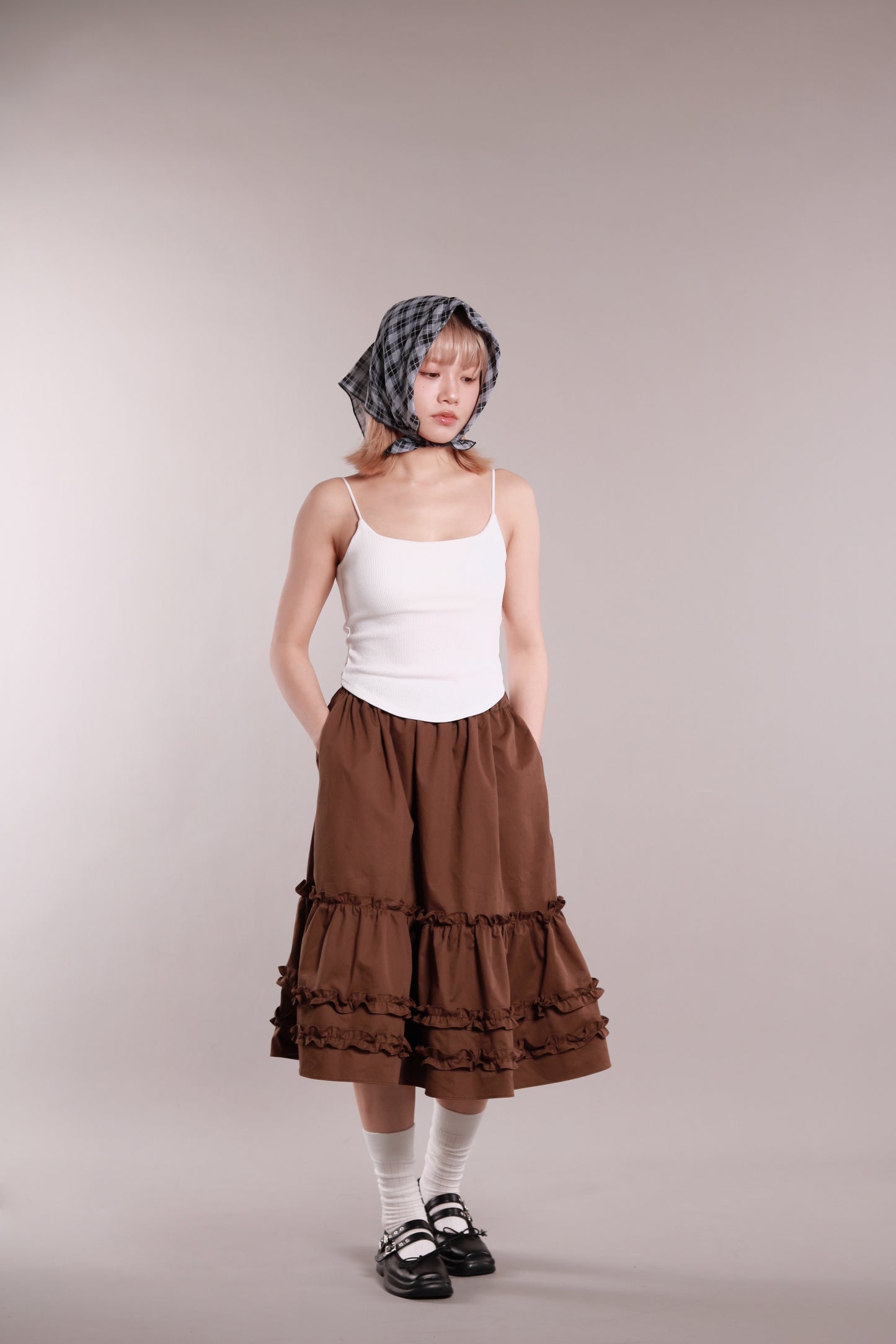 Doll Ruffle Midi Skirt (Brown)