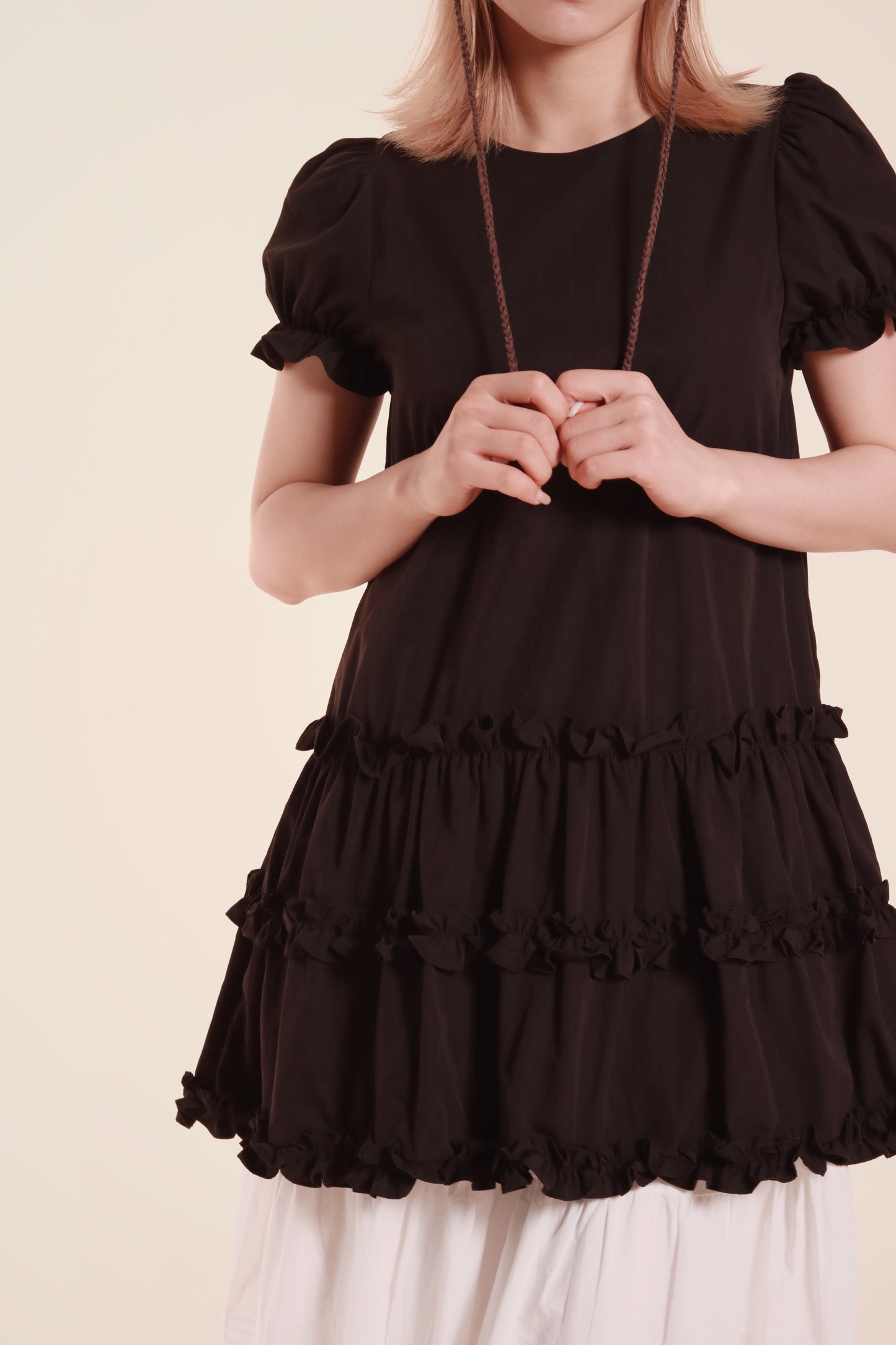 Doll Puff Sleeve Mini Dress (Black)