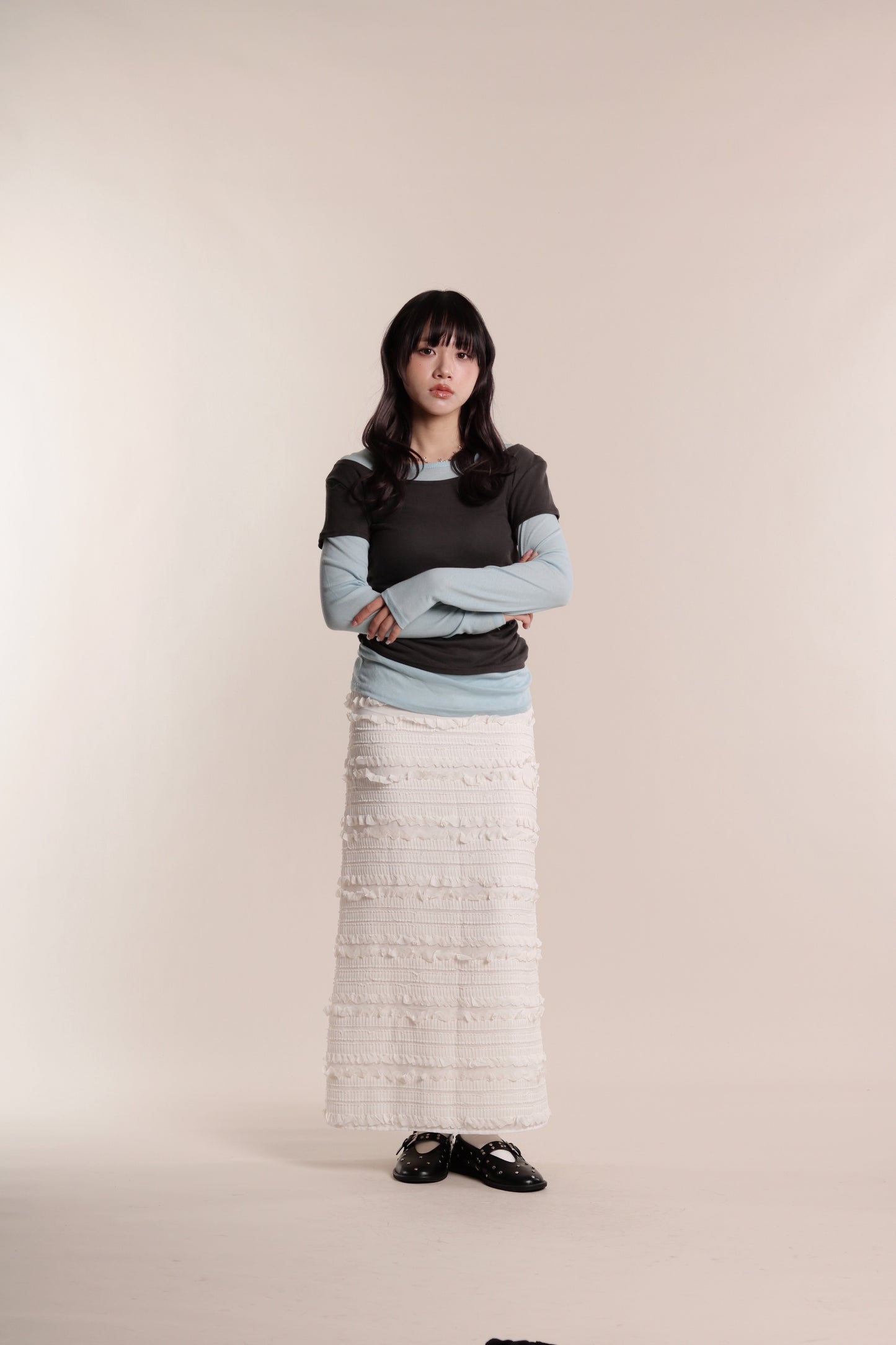 Textured Ruffle Maxi Skirt (Ivory)
