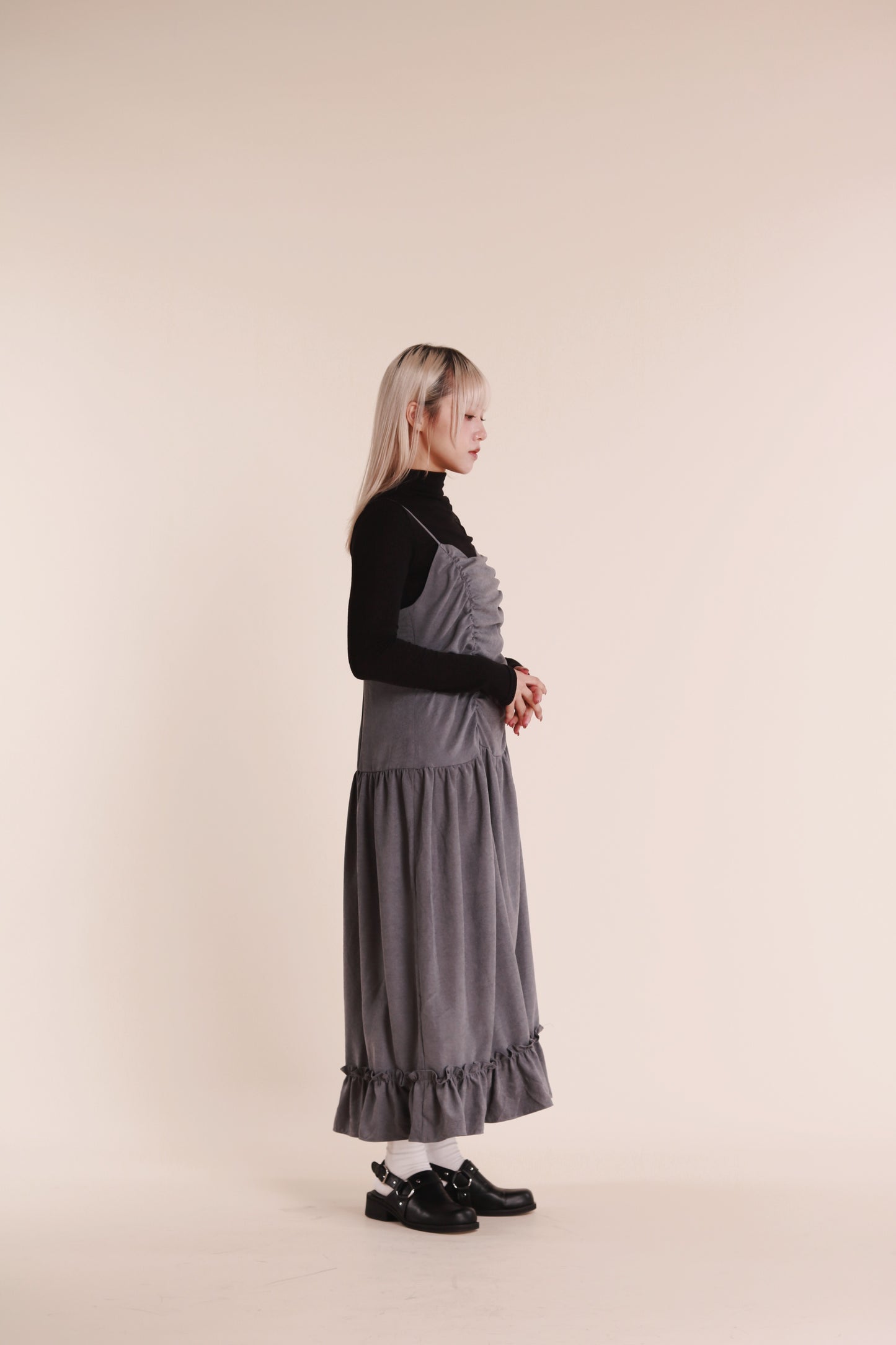 Doll Gathered Ruffle Dress (Grey Blue)