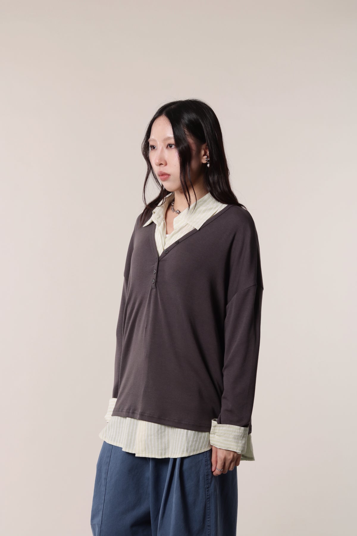 Lazy Button Long Tee (Charcoal)
