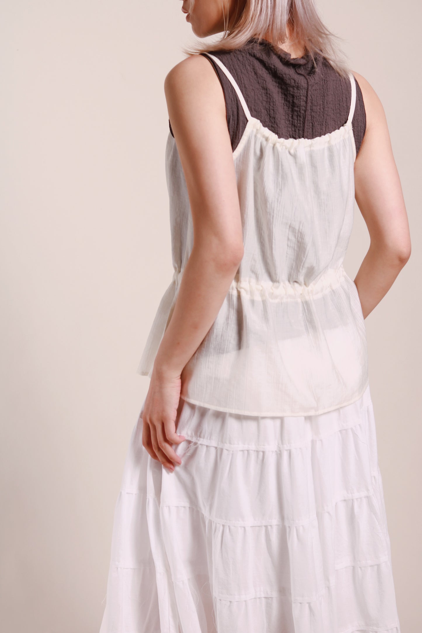 Gathered Ribbon Sleeveless Top (Ivory)