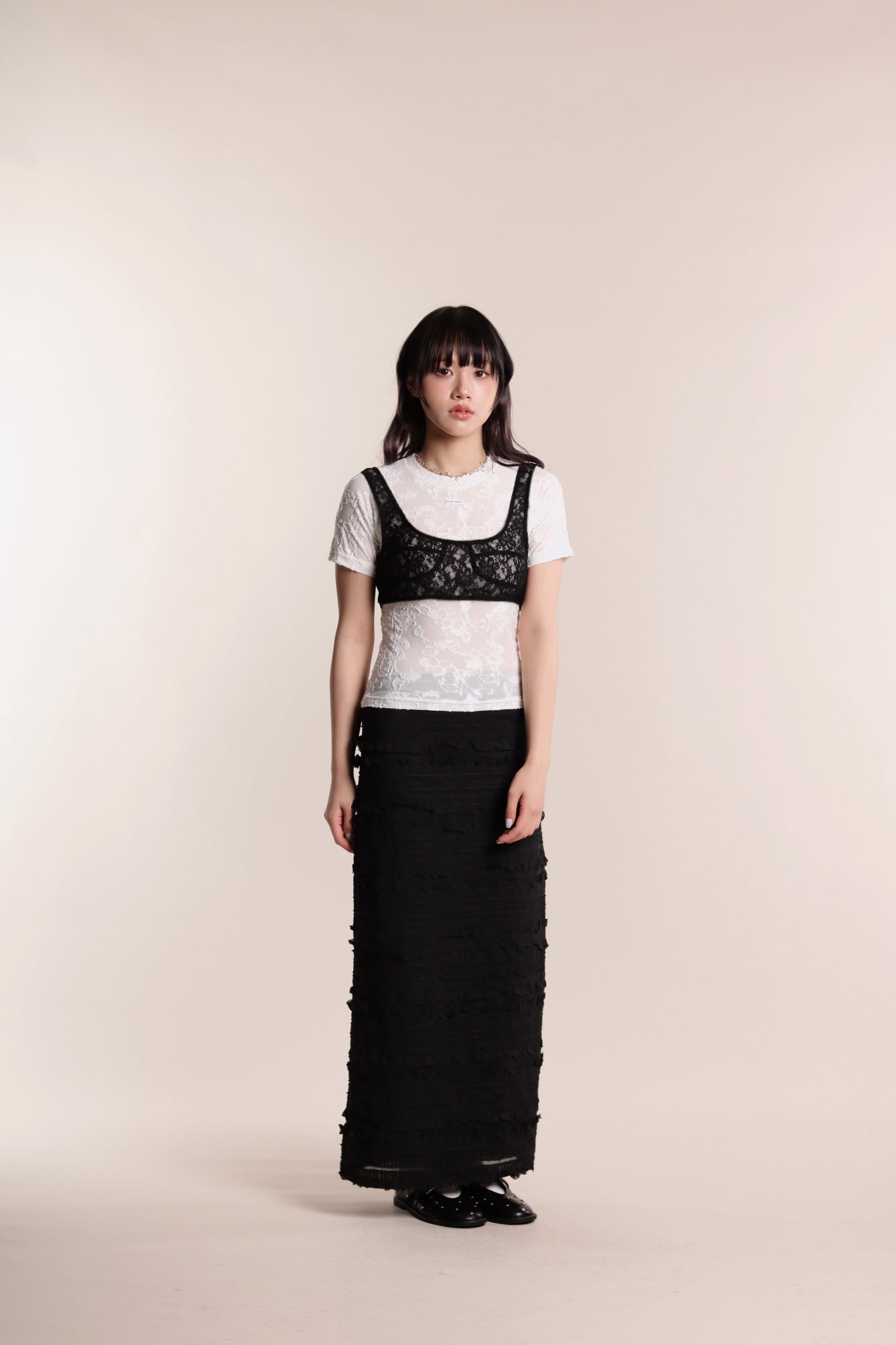 Textured Ruffle Maxi Skirt (Black)
