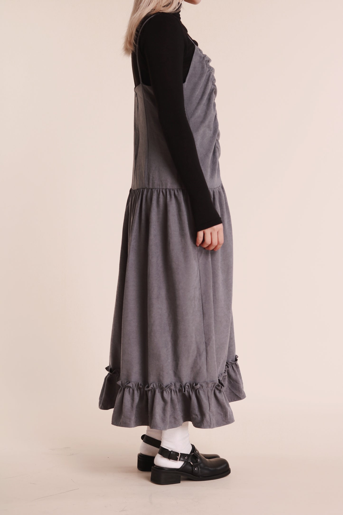 Doll Gathered Ruffle Dress (Grey Blue)