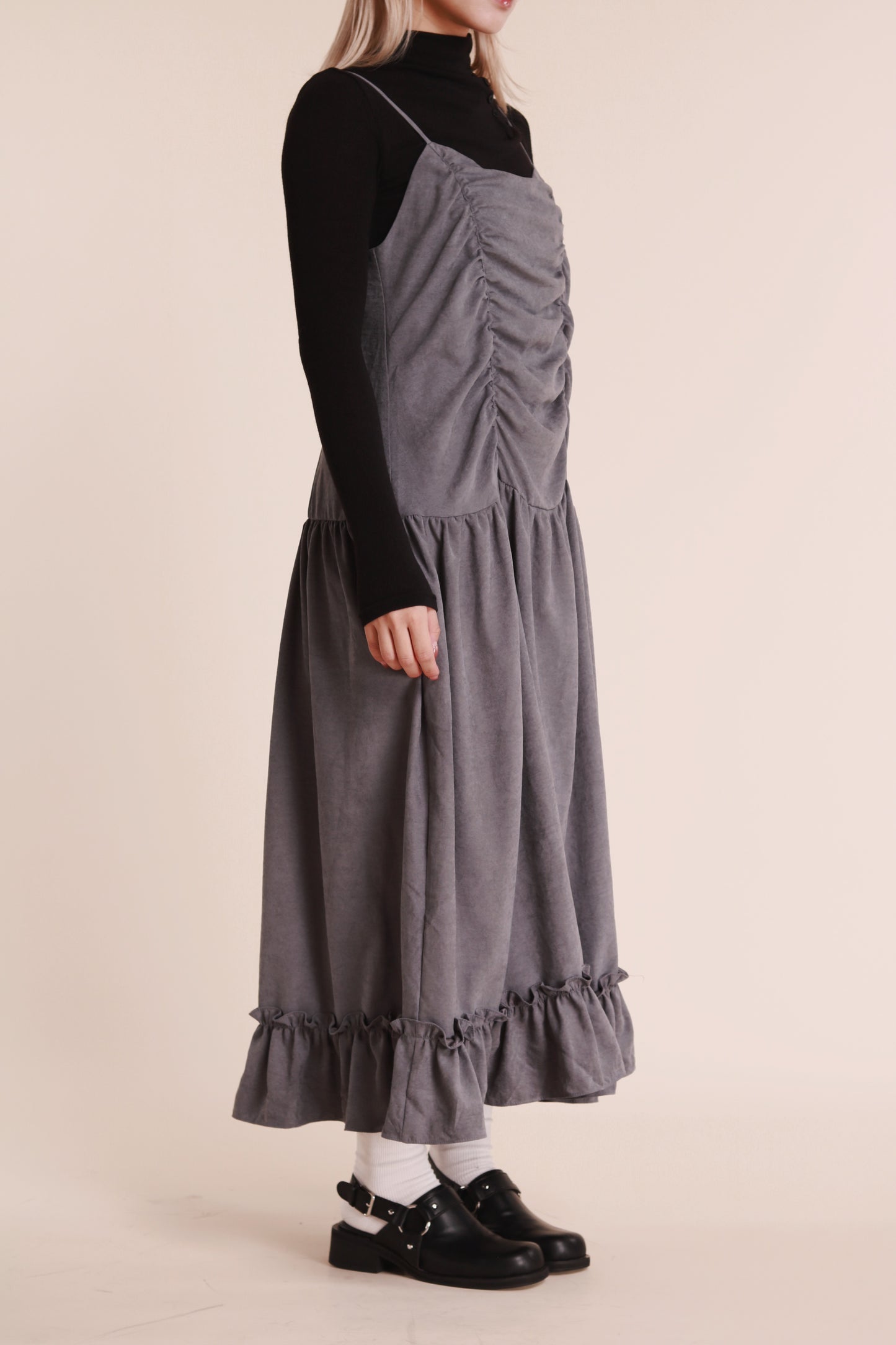 Doll Gathered Ruffle Dress (Grey Blue)