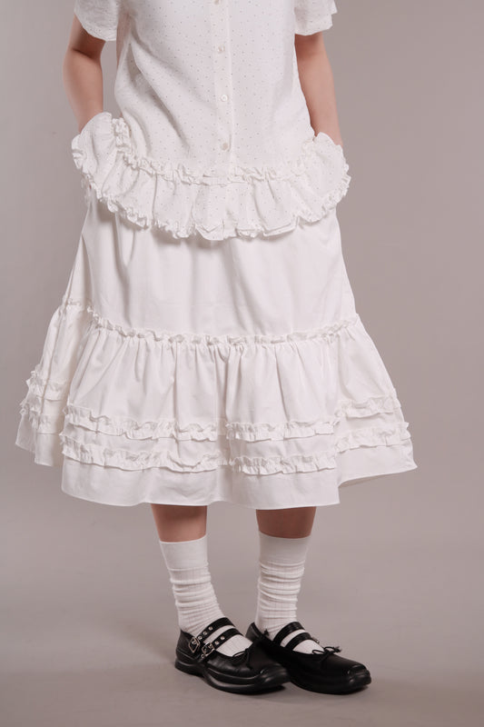 Doll Ruffle Midi Skirt (White)