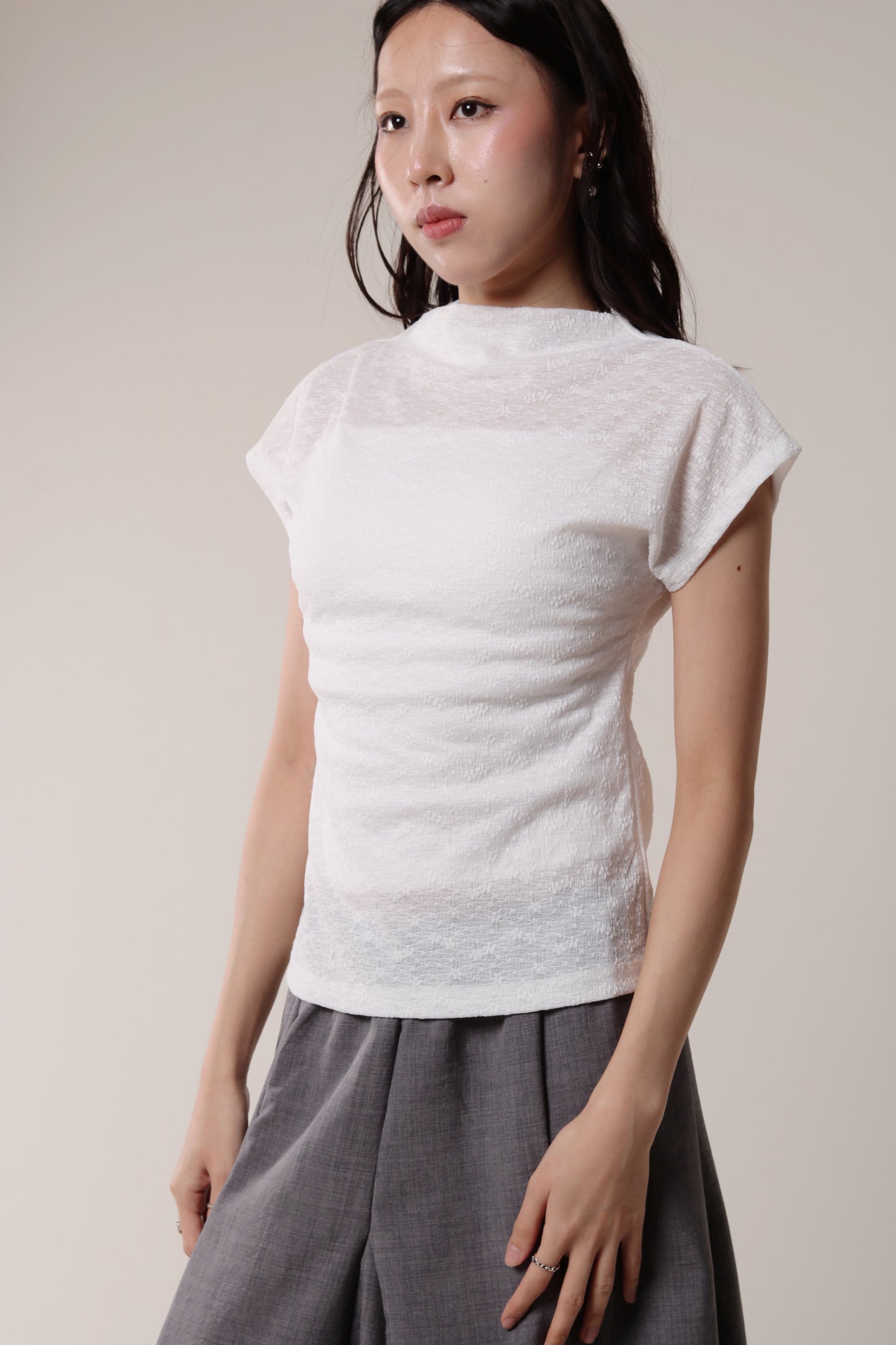 Mesh Mock Neck Top (White)