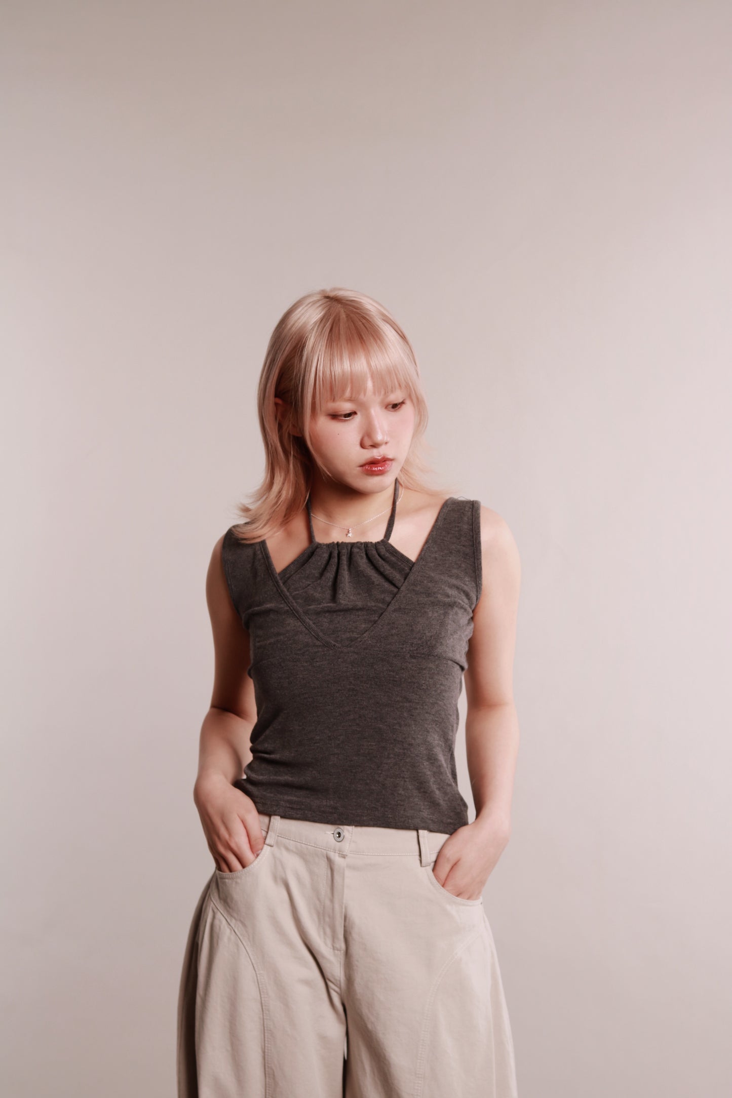 Layered Halter Tank Top (Grey)