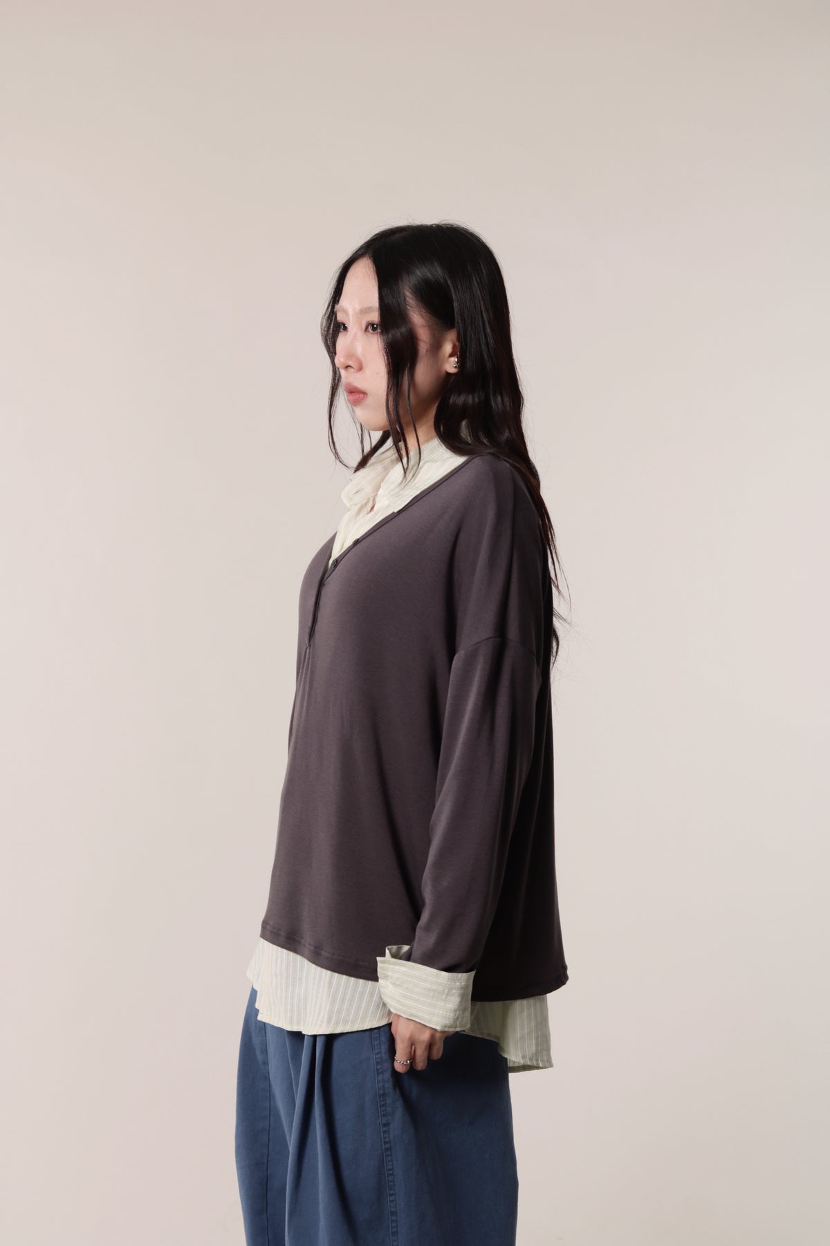 Lazy Button Long Tee (Charcoal)