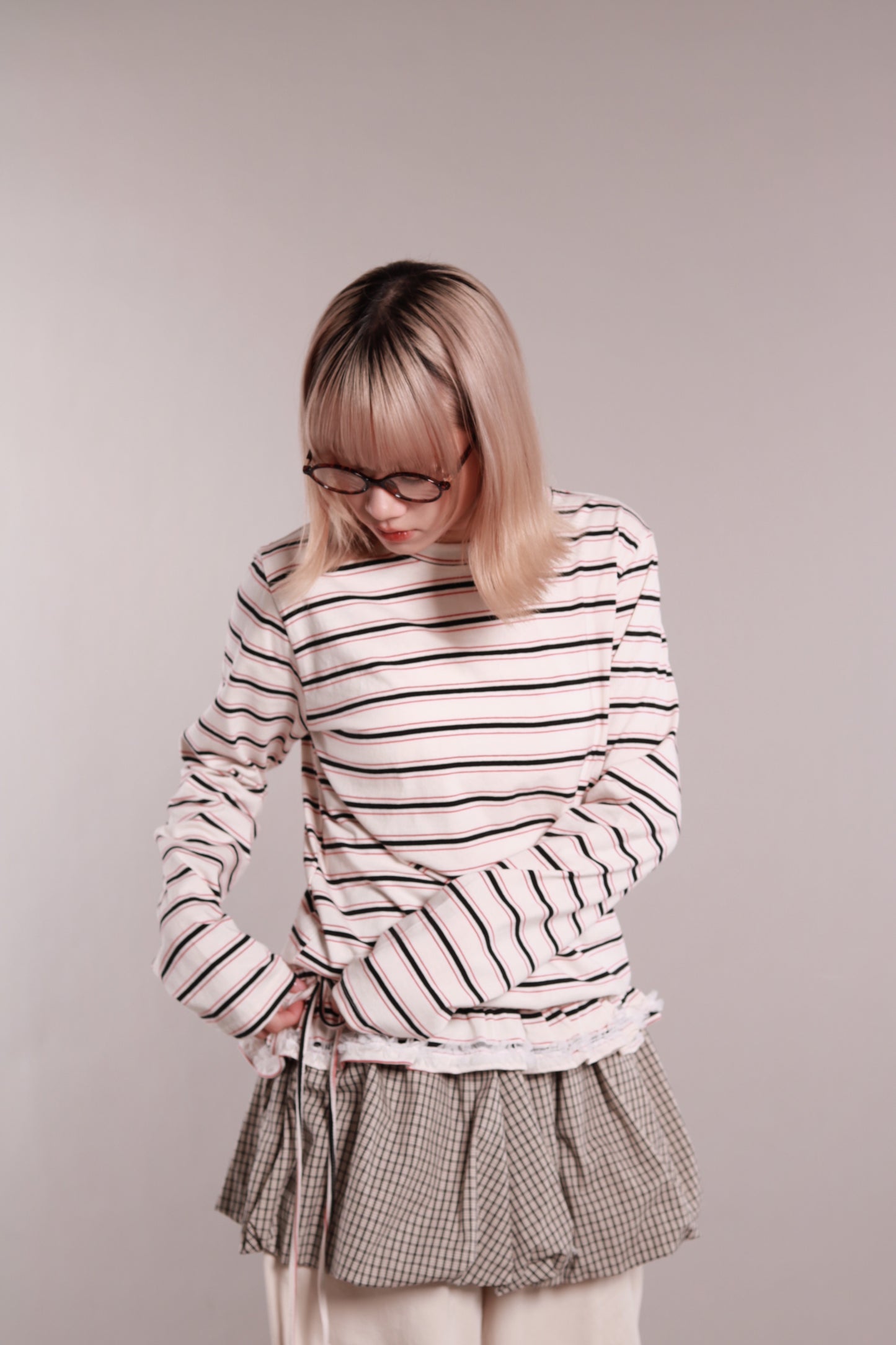 Frilled Lace Stripe Top (Ivory)