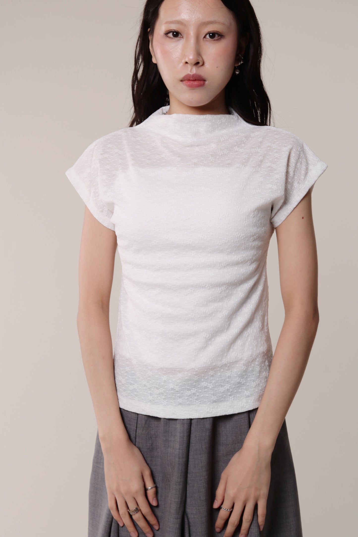 Mesh Mock Neck Top (White)