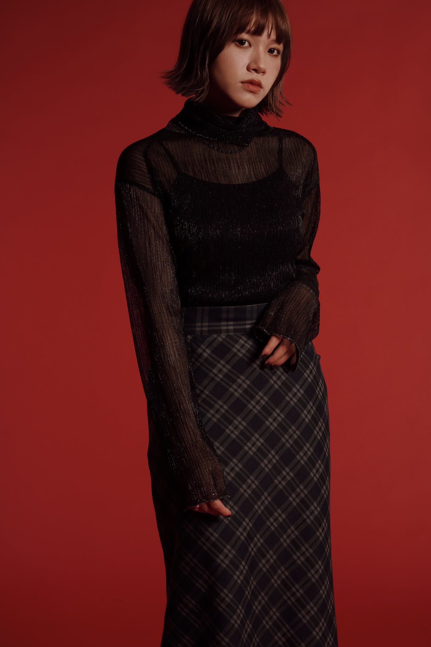 Checkered Slit Skirt (Navy)