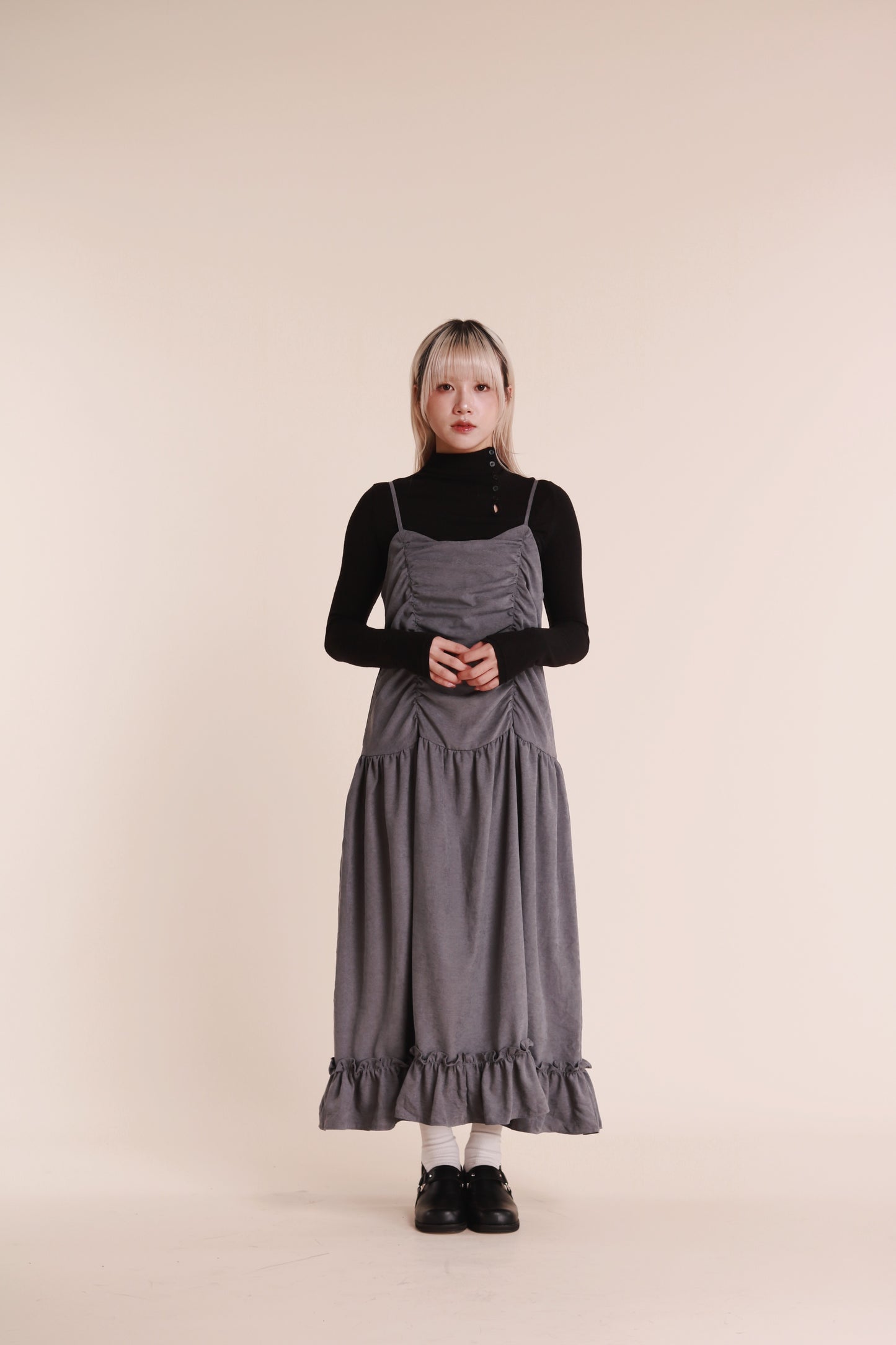 Doll Gathered Ruffle Dress (Grey Blue)